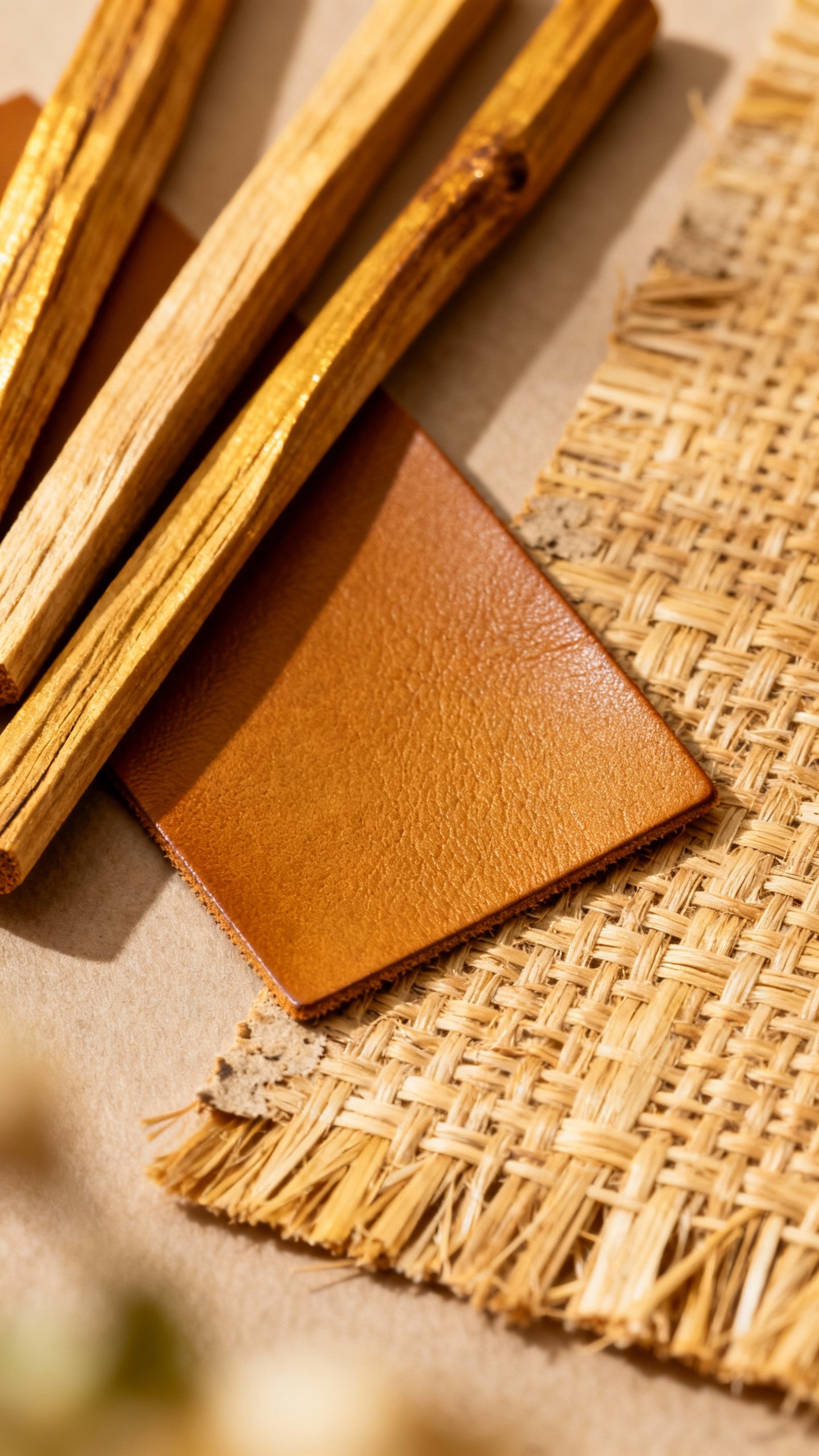 Closeup of sandalwood sticks, leather swatch, papyrus paper
