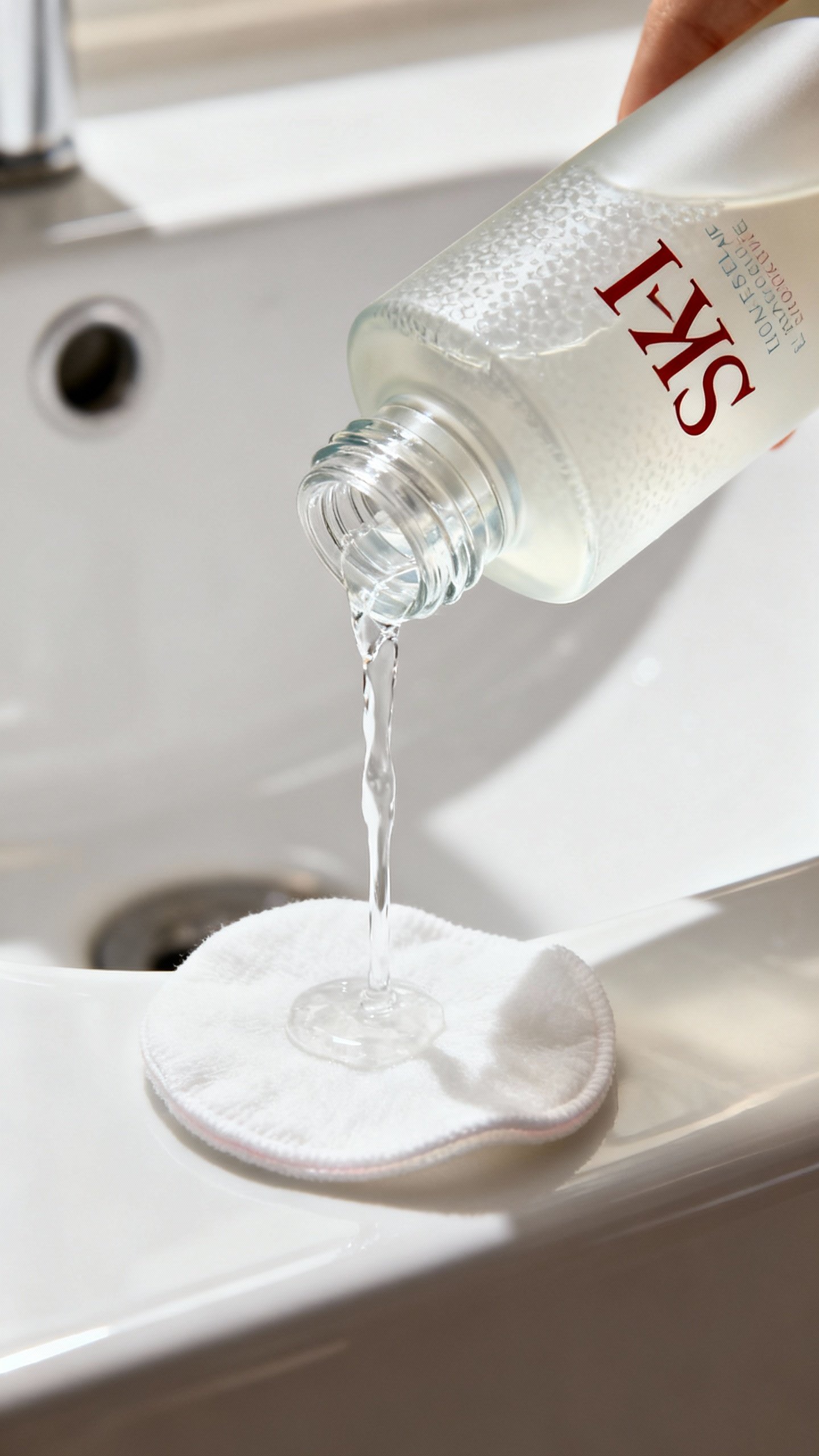 Closeup of SK-II Facial Treatment Essence pouring onto cotton pad, clear liquid, frosted glass bottl