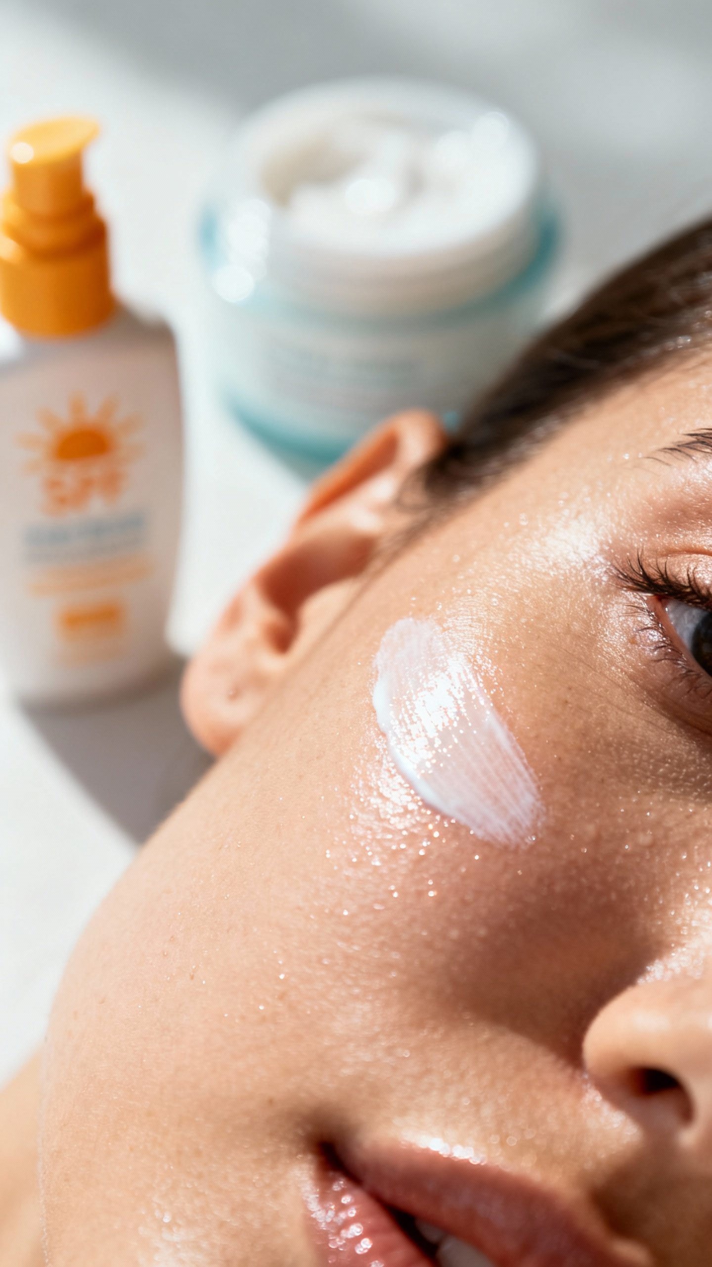 Closeup of sunscreen being applied to cheek, dewy skin texture, SPF bottle and moisturizer jar blurr