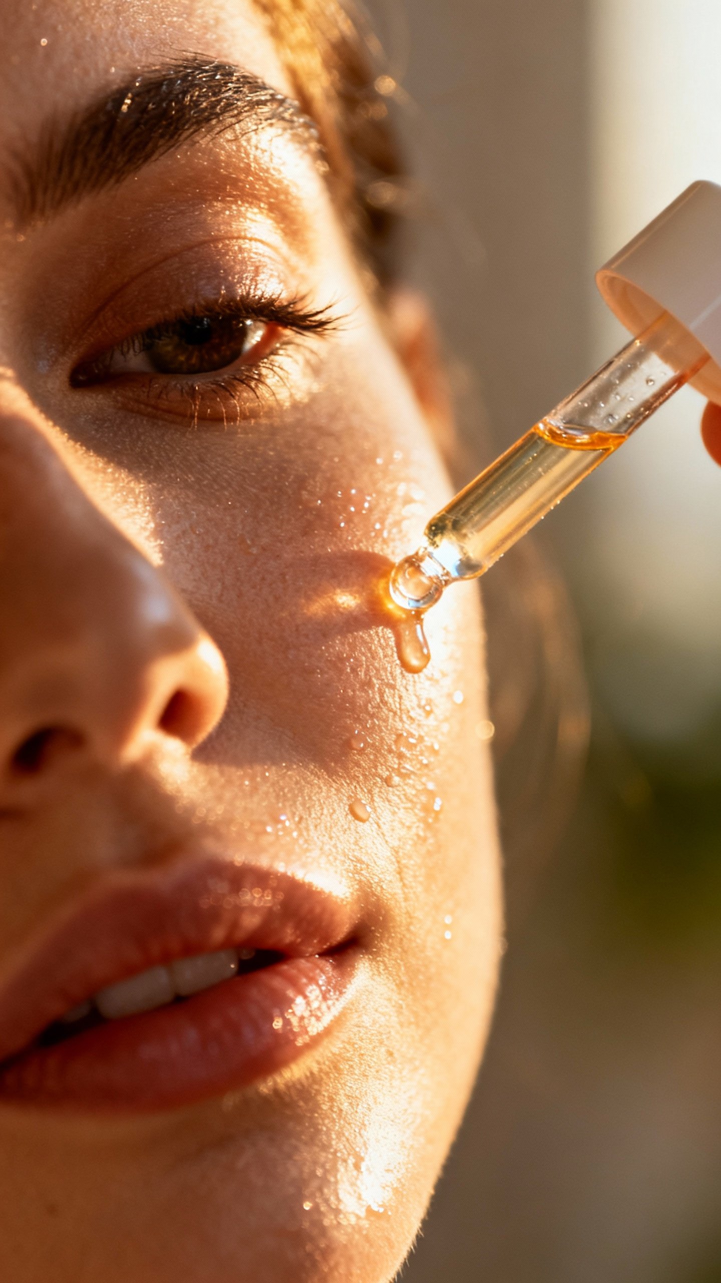 Closeup of vitamin C serum dropper over female cheek, dewy skin, morning light