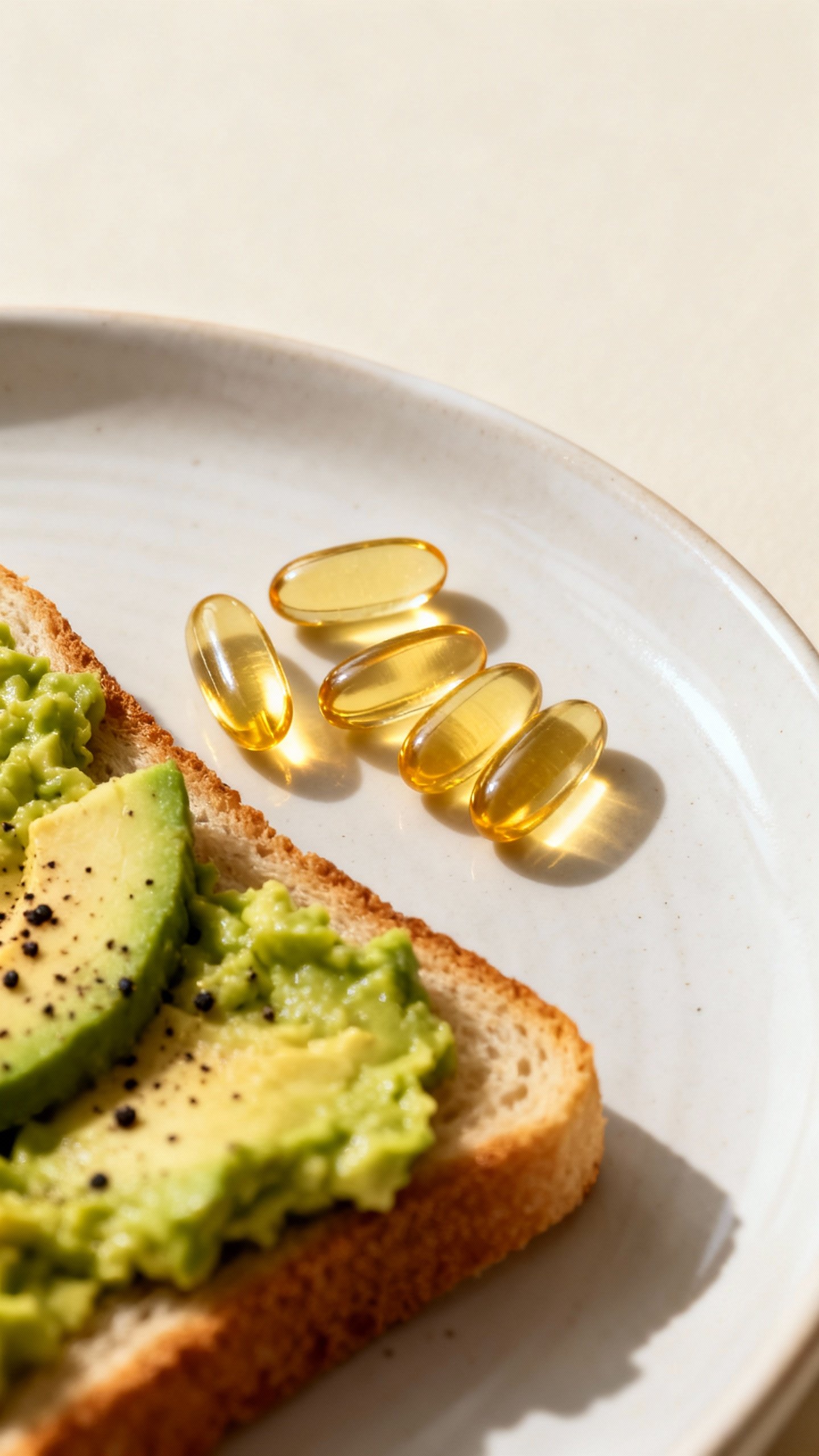 Closeup of vitamin D3 softgel and omega-3 capsules on ceramic plate with avocado toast, morning ligh