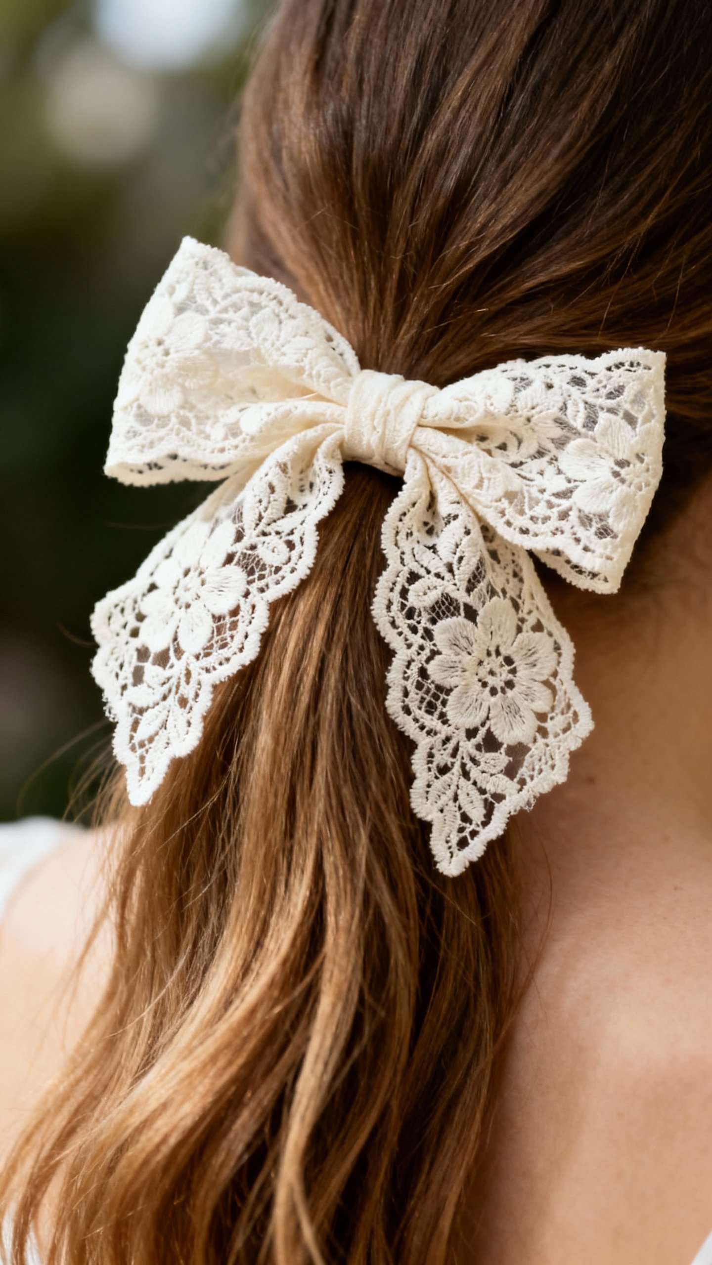 Closeup ponytail with ivory lace bow, tails trailing