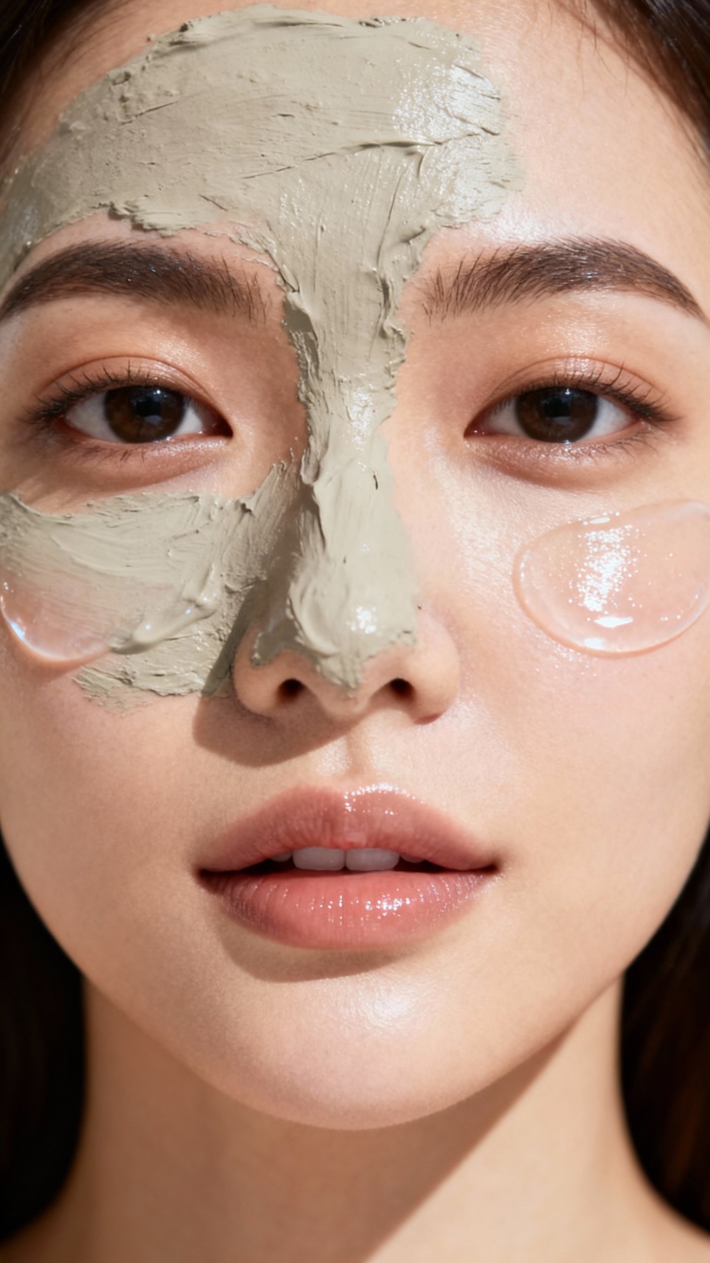 Closeup T-zone clay mask and cheek hydrating gel, dewy skin texture