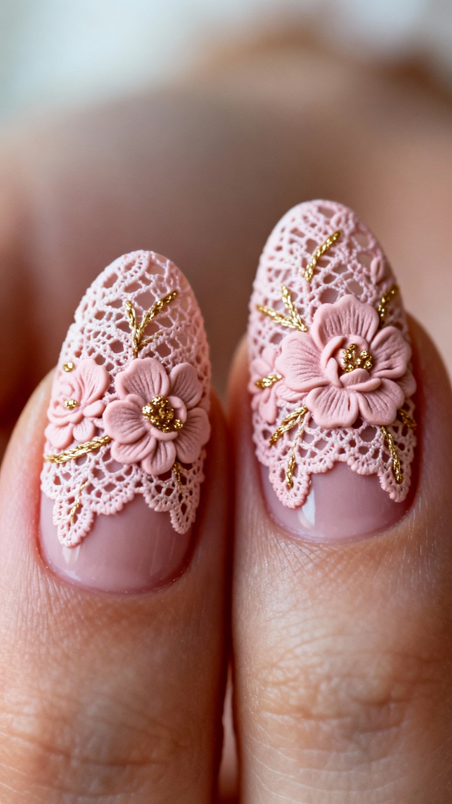 Closeup two accent nails with 3D lace appliqué, almond shape, blush base, raised floral embossing,