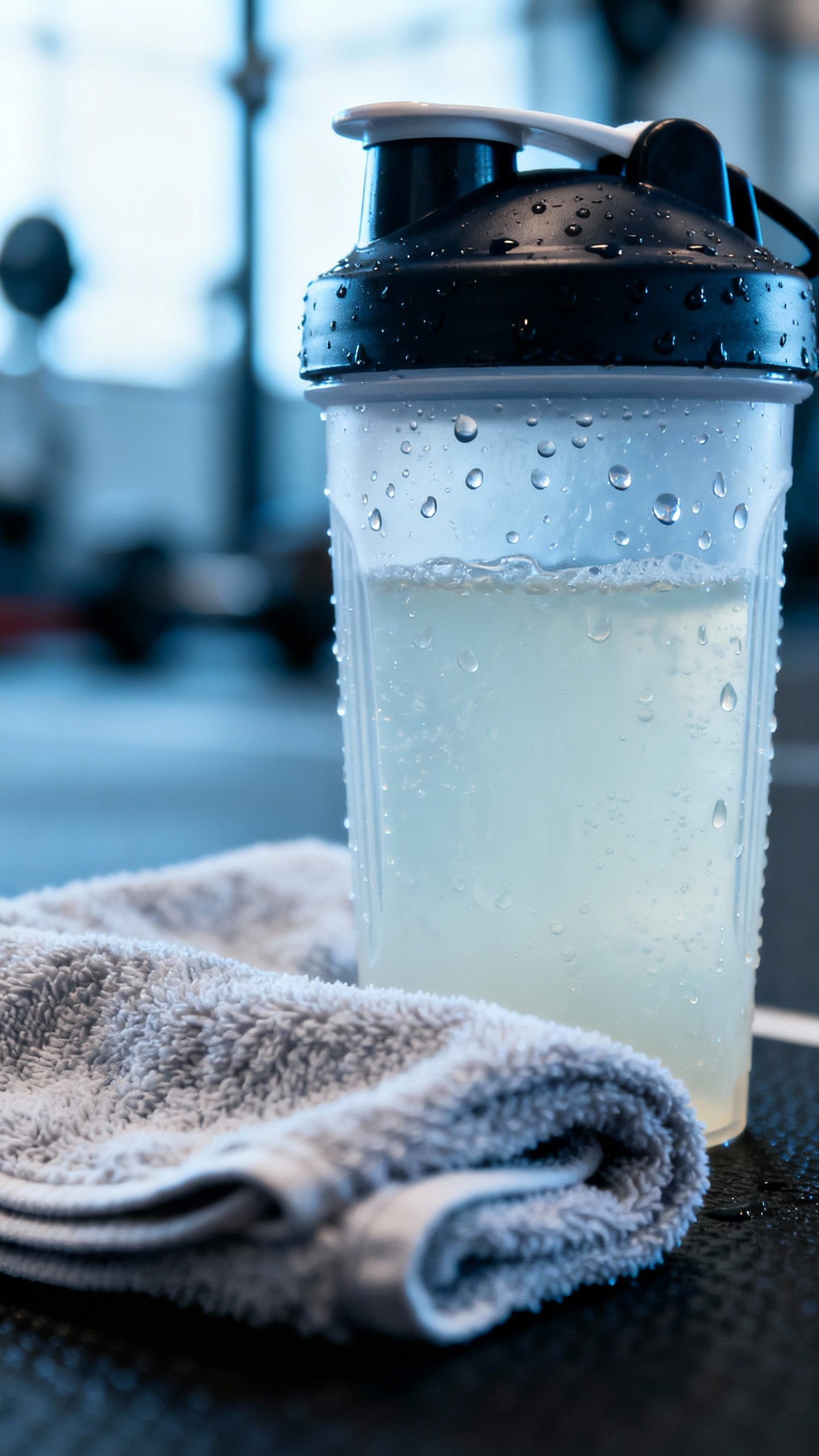 Electrolyte drink in shaker beside gym towel, condensation beads