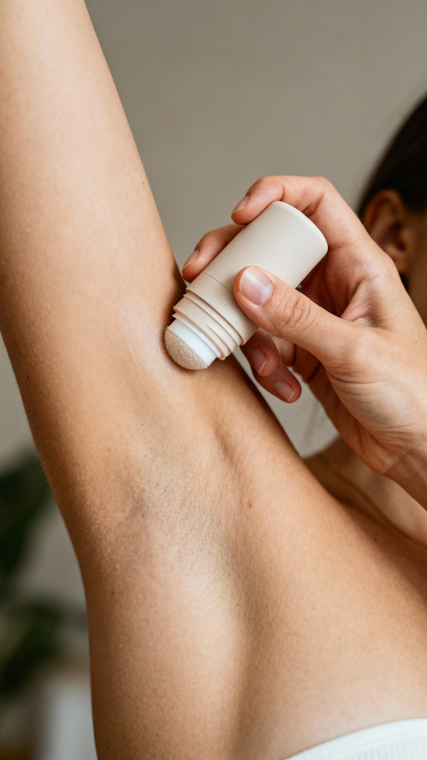 Female hands applying magnesium deodorant stick on clean underarm, soft lighting