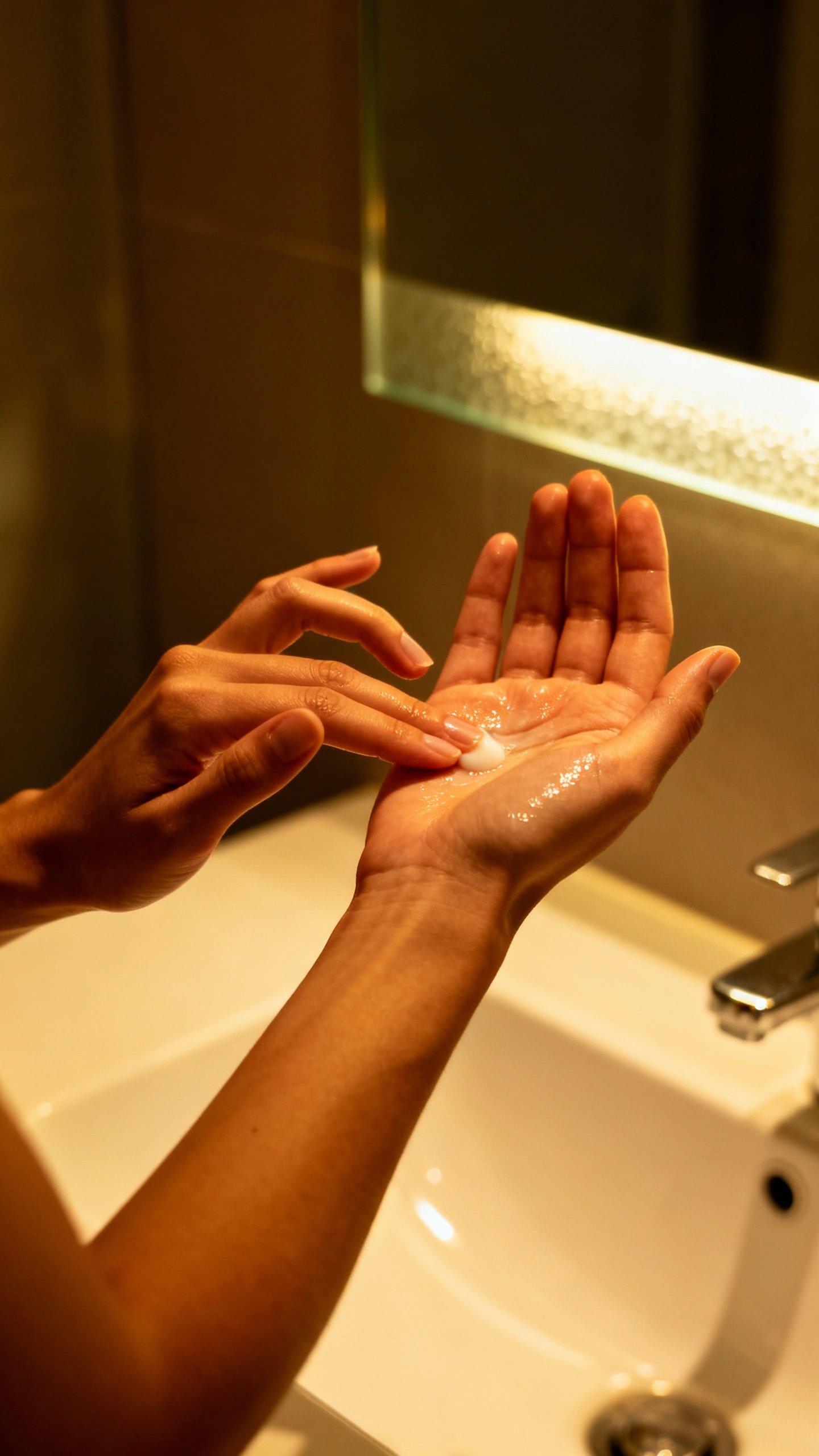 Female hands applying retinol cream sandwich method, night bathroom lighting