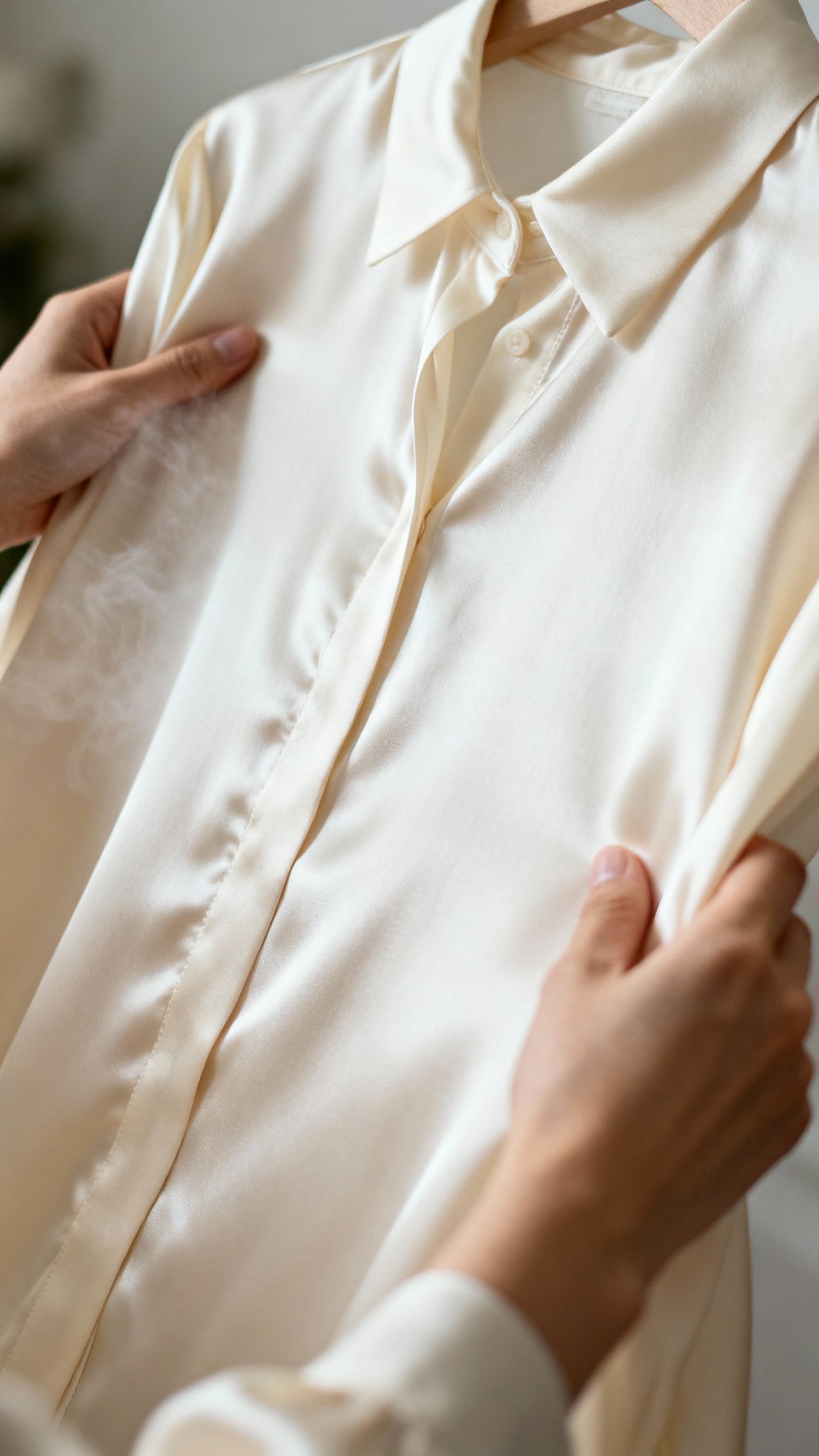 Female hands steaming ivory silk crepe shirt