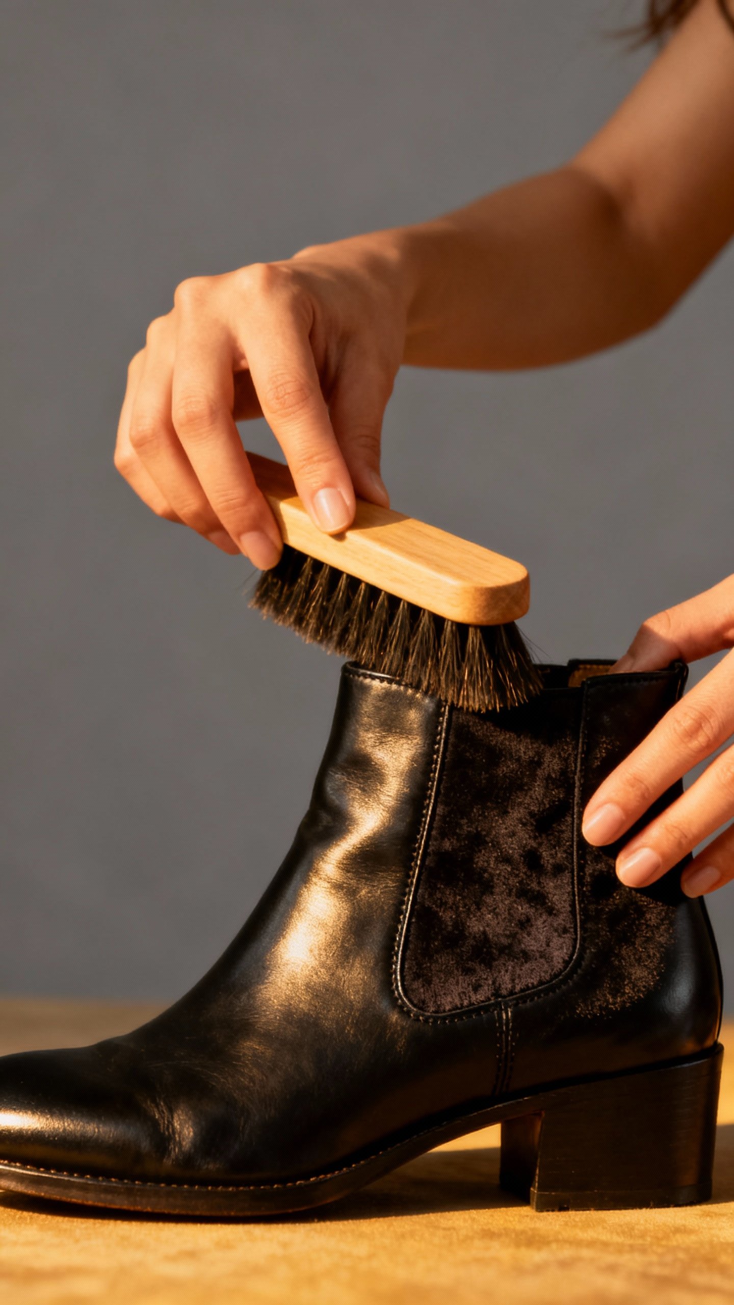 Female polishing black leather ankle boots, soft brush on suede panel