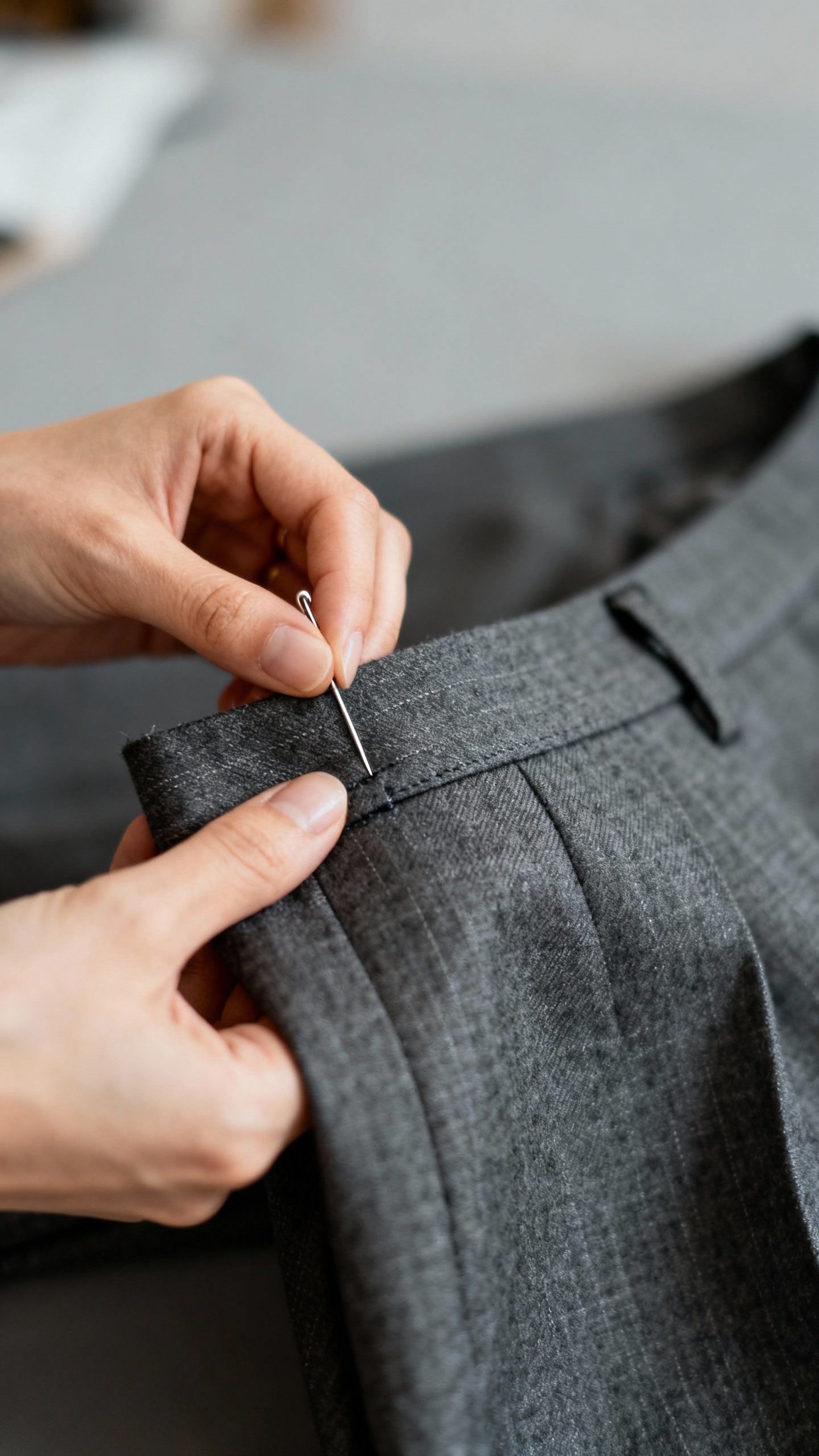 Female tailoring trousers: closeup pinning hem, charcoal wool fabric
