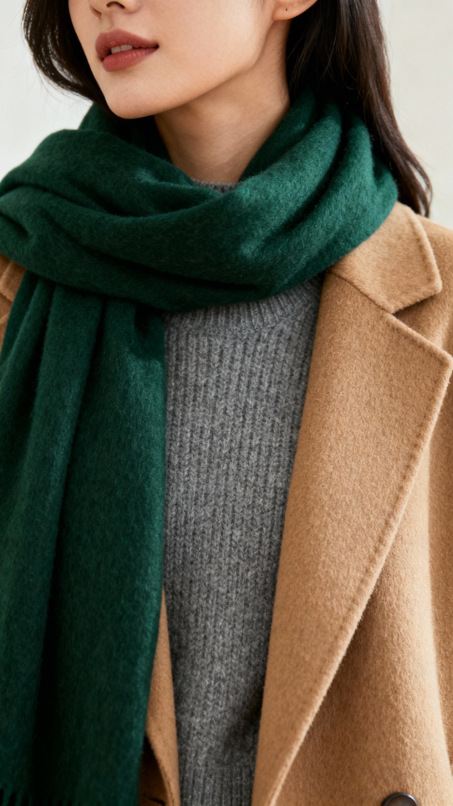 Female torso in camel coat over gray knit, forest green scarf, soft natural light