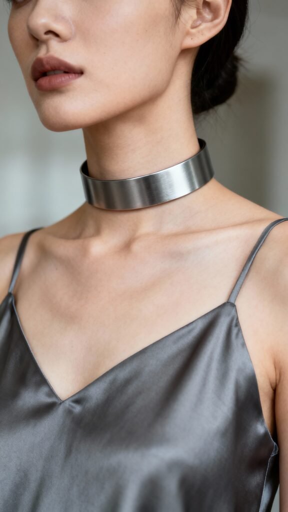 Gunmetal choker on neck above slate satin slip
