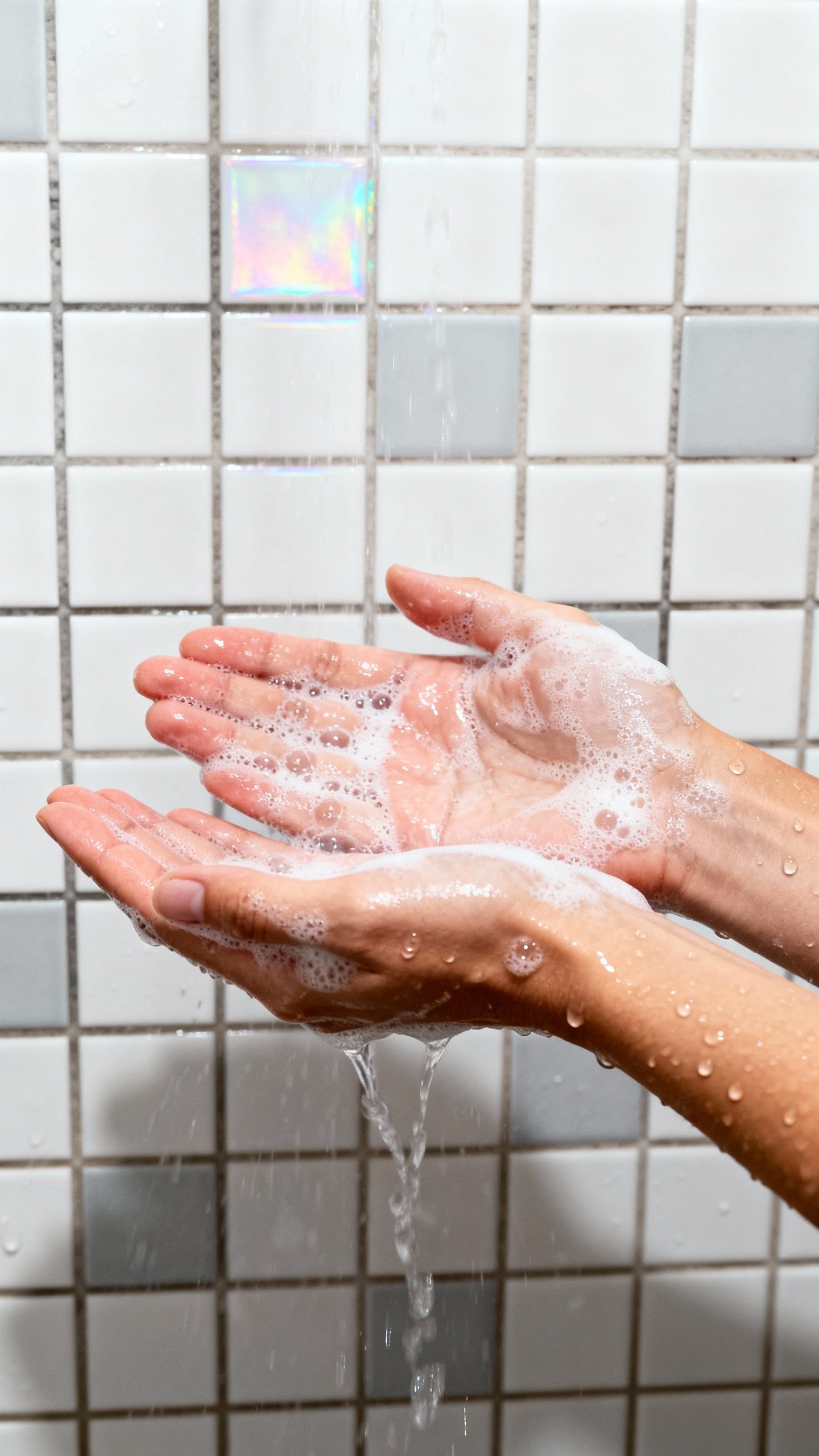 Hands washing with lukewarm water, foamy pH-balanced body wash, tiled shower