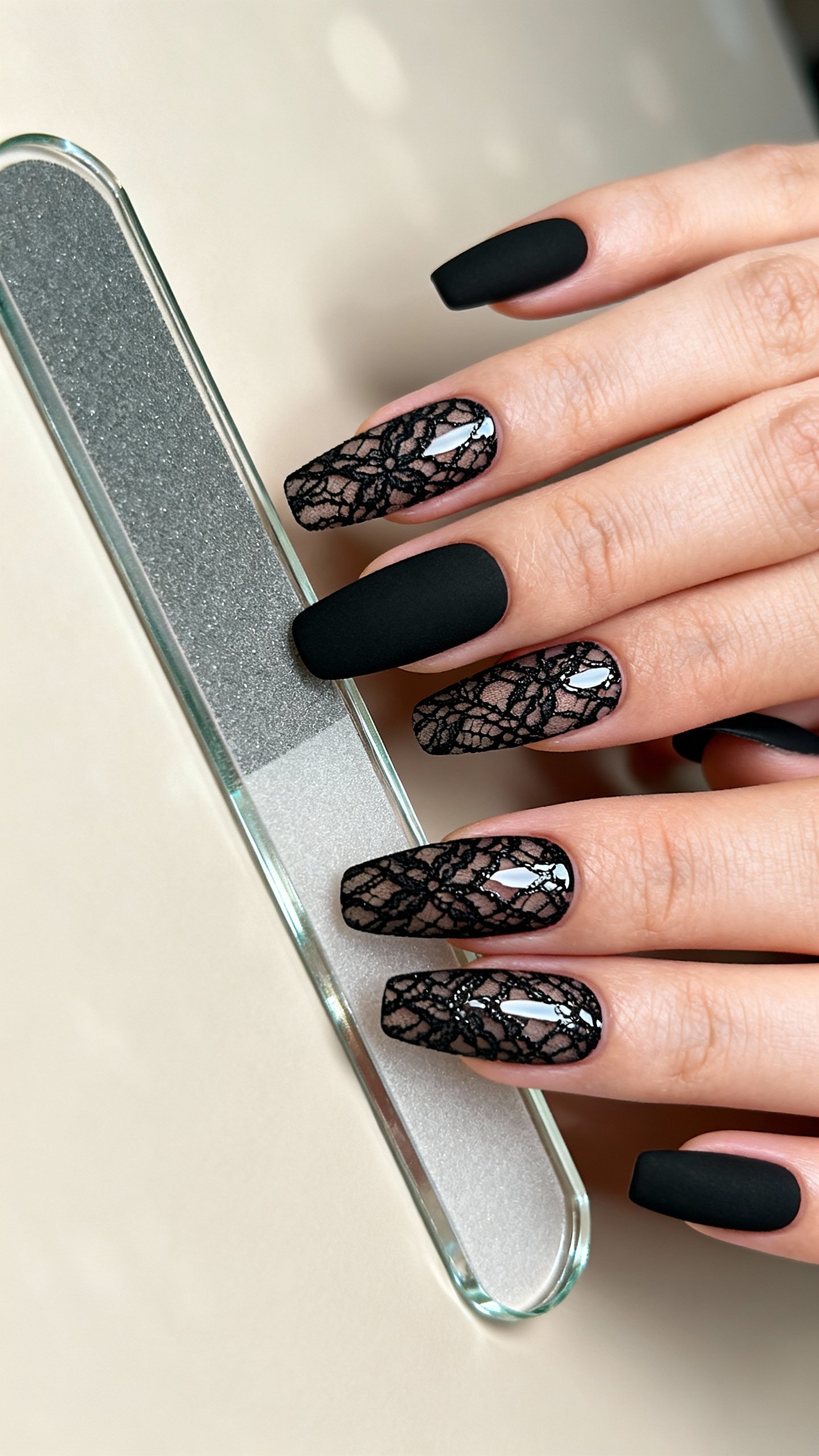 Hands with matte black nails, glossy black lace stamping, glass file beside