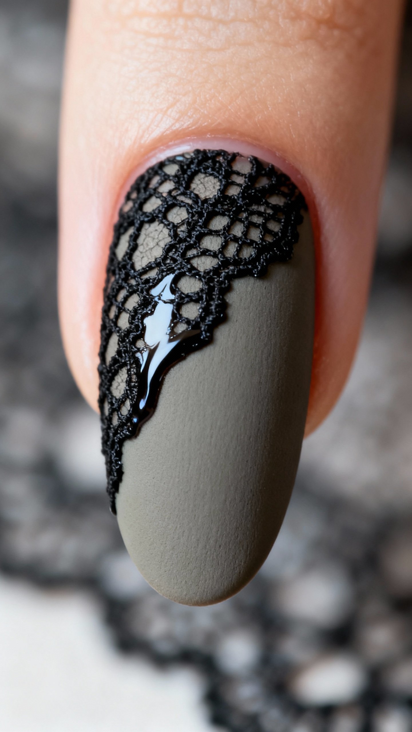 Macro charcoal greige nails, side swoop black lace, matte base glossy lace contrast