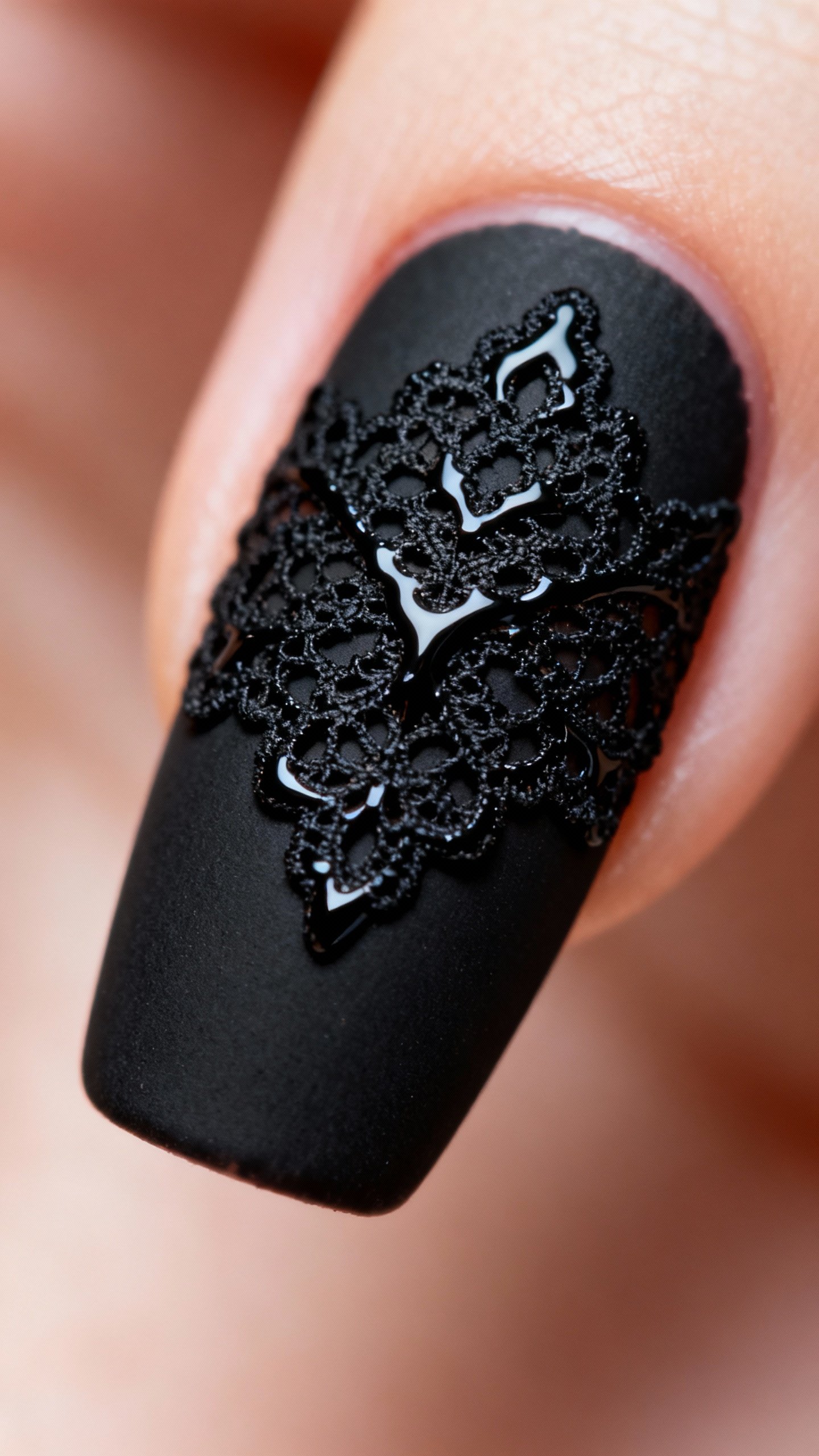 Macro nail shot, matte black base with glossy black lace appliqué texture