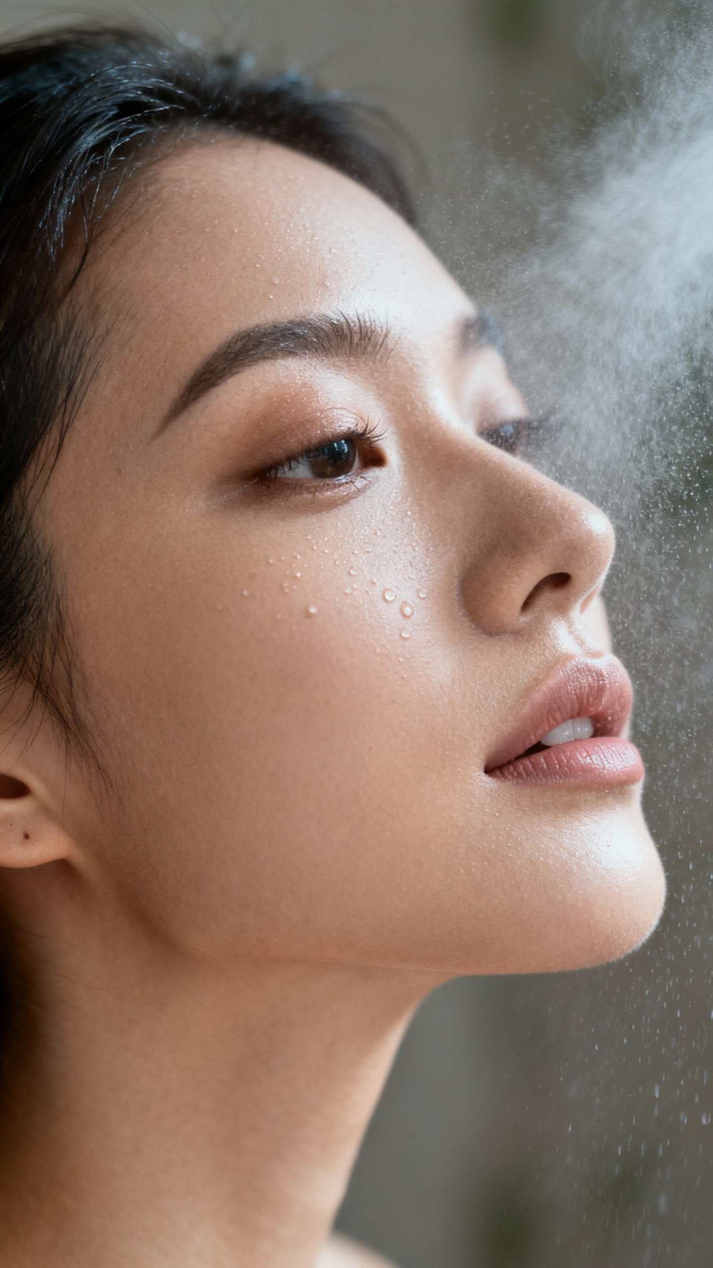 Matte setting spray mist over face, X then T, humidity background