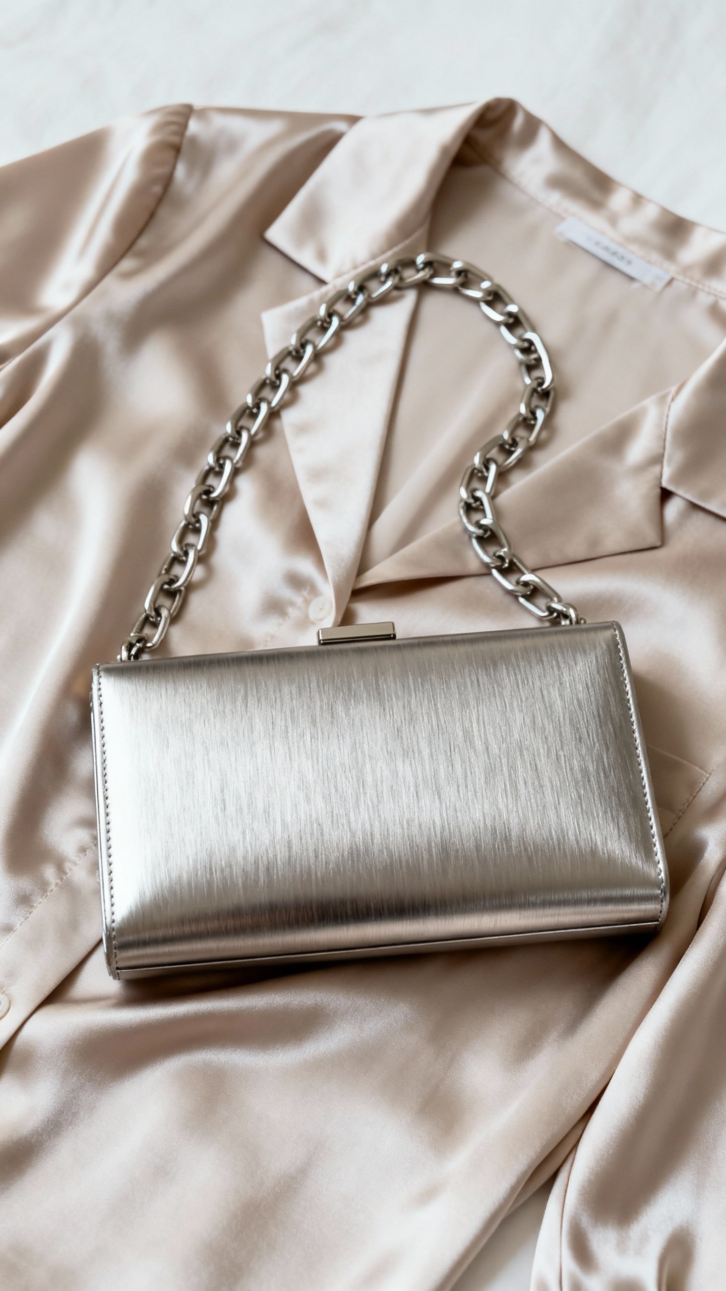 Metallic brushed clutch with chain strap on satin blouse