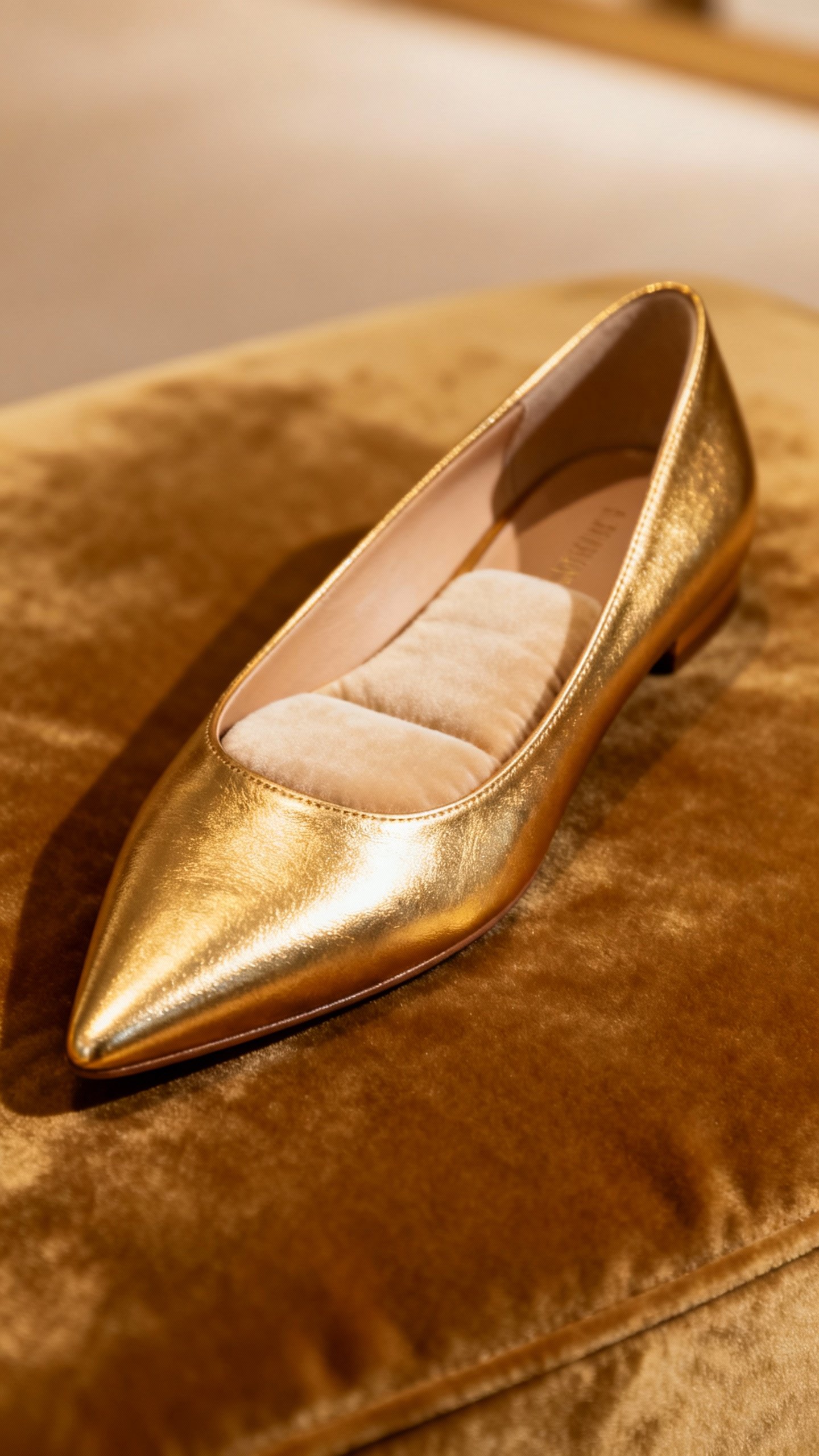 Metallic gold pointed-toe flat on velvet surface, cushioned insole visible