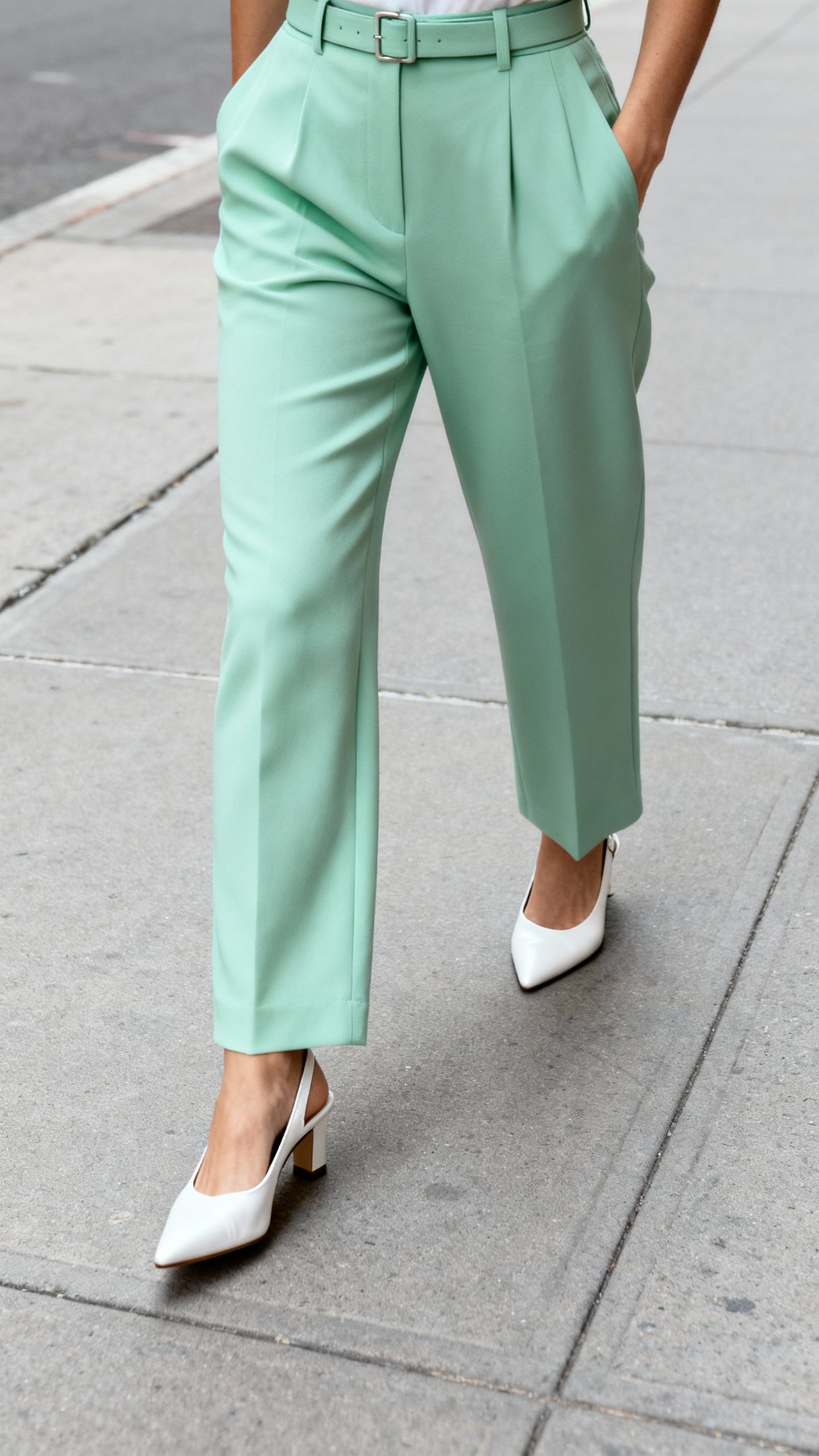 Mint high-waist trousers with slim belt, cropped view, paired with white slingback heels on sidewalk