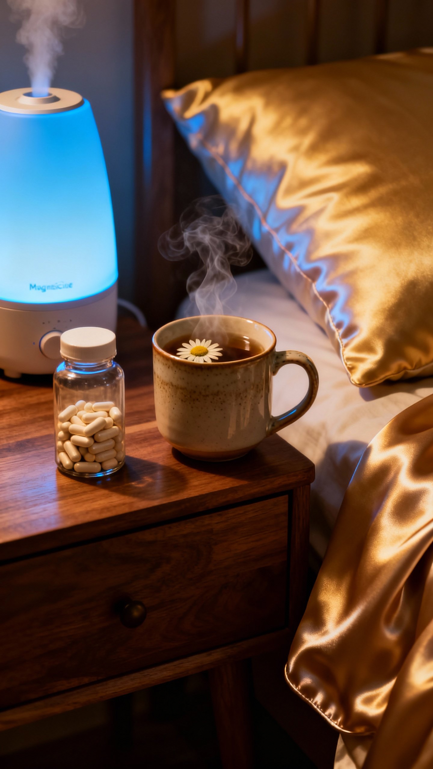 Nightstand scene with magnesium glycinate capsules, chamomile tea steam, silk pillowcase and humidif
