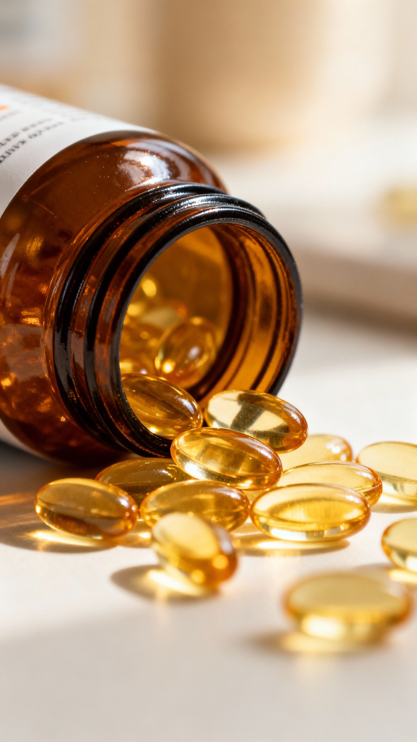 Omega-3 fish oil softgels spilling from amber bottle, golden sheen