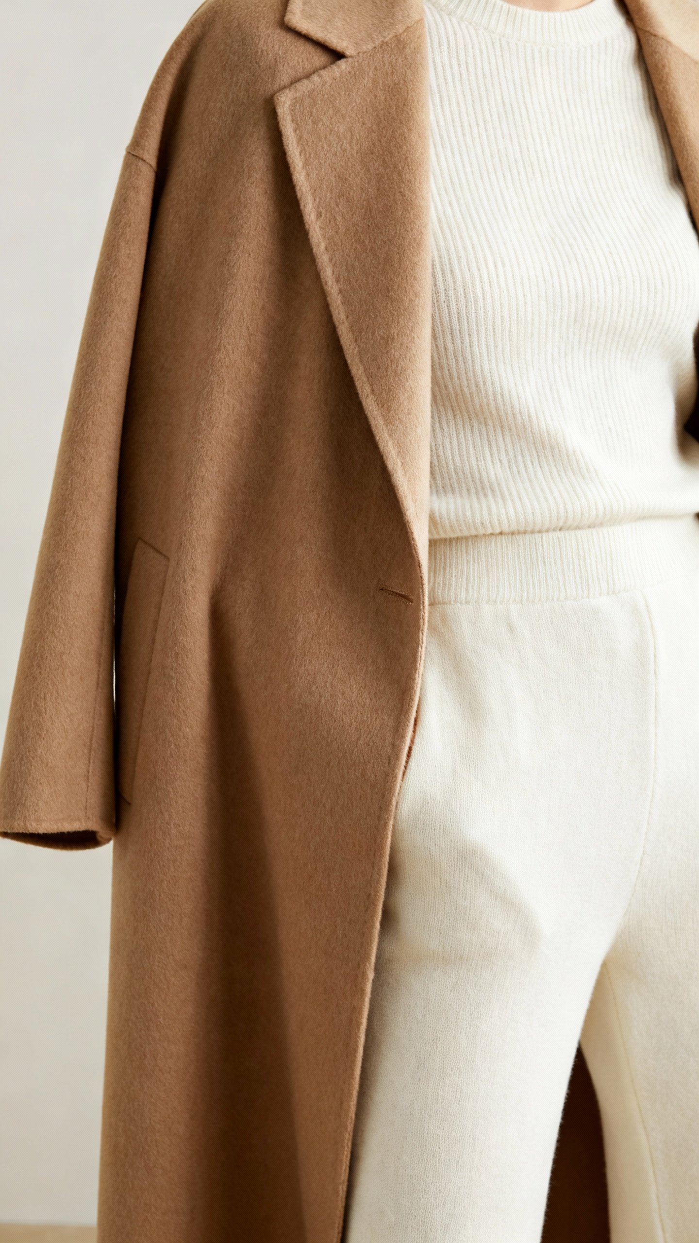 Open longline camel coat over monochrome cream knit set, cropped view