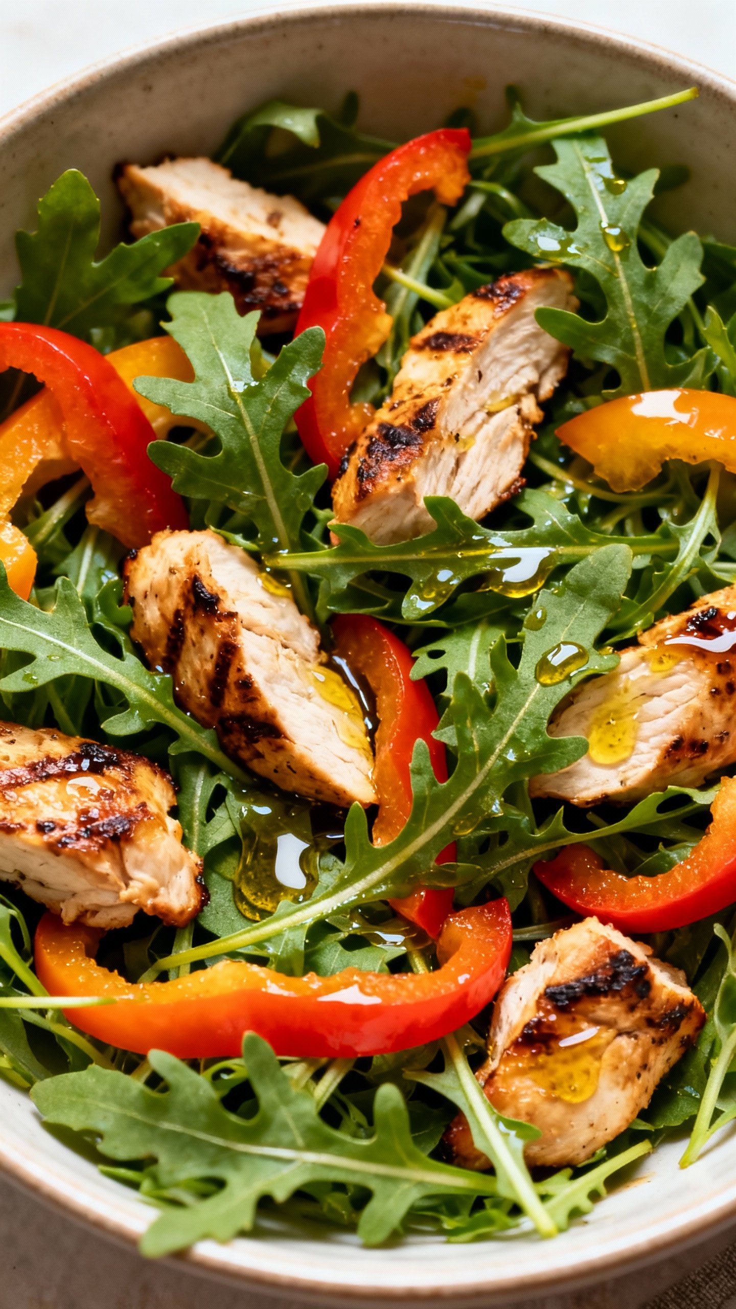 Overhead salad bowl with arugula, chicken, bell peppers, olive oil sheen