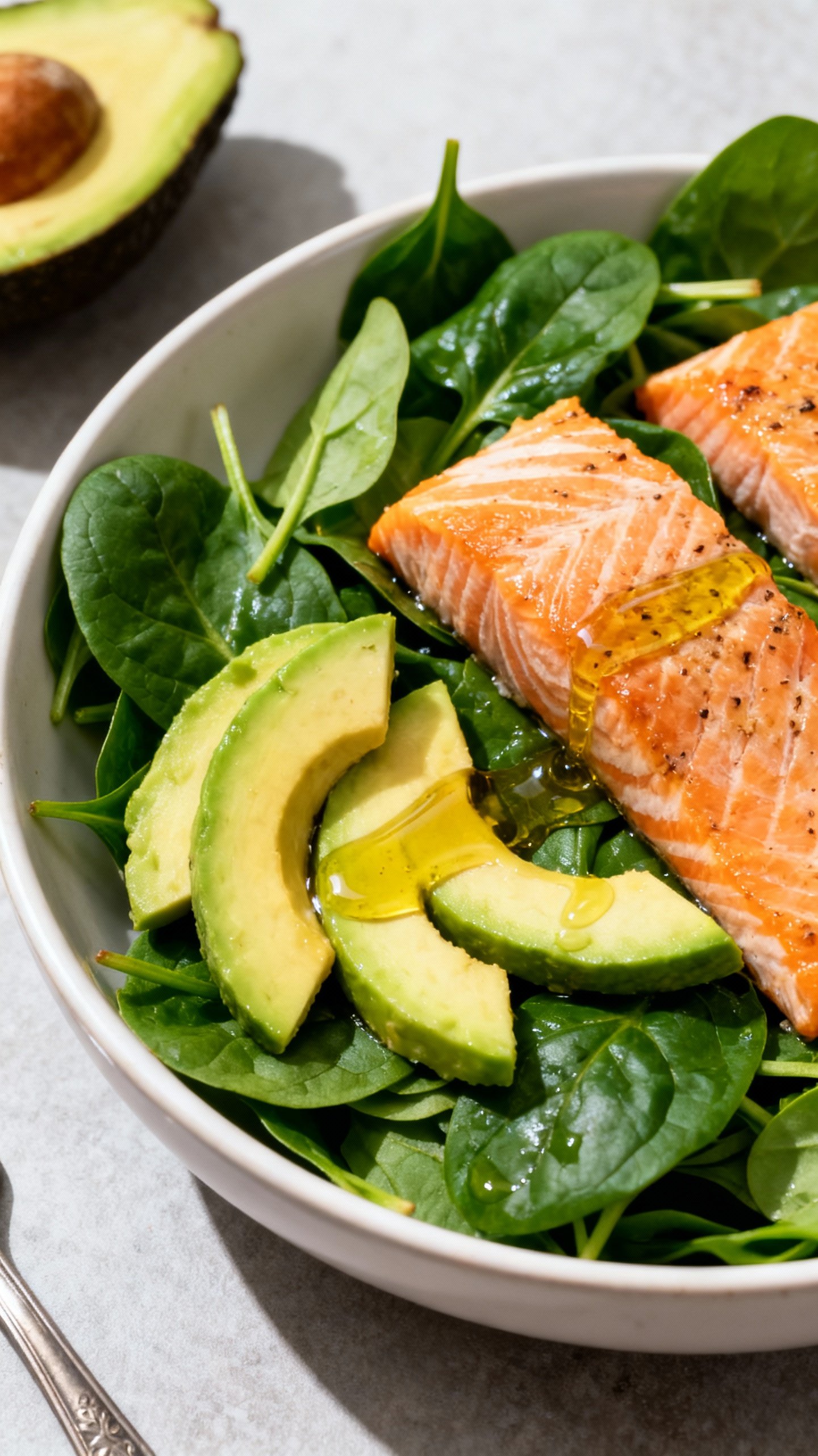 Overhead shot of salmon avocado spinach salad with olive oil drizzle, vibrant colors