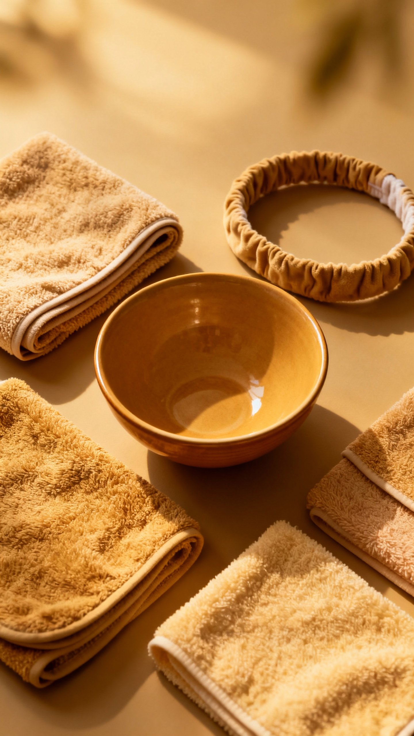 Overhead shot warm bowl, microfiber cloth, headband, soft washcloths arranged