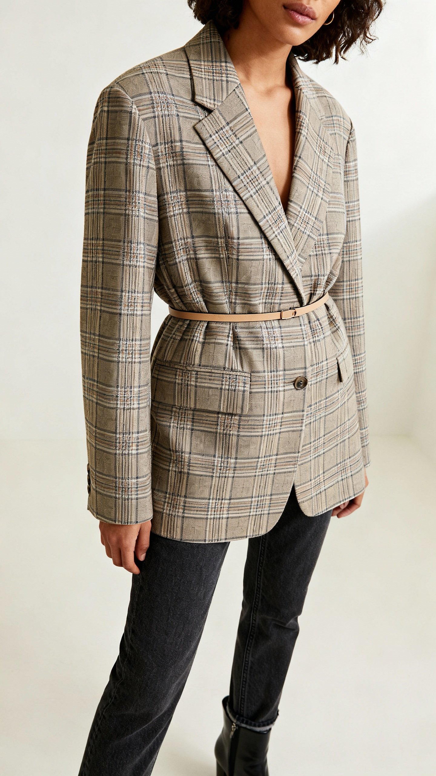 Oversized plaid blazer with skinny belt, dark denim, ankle boots