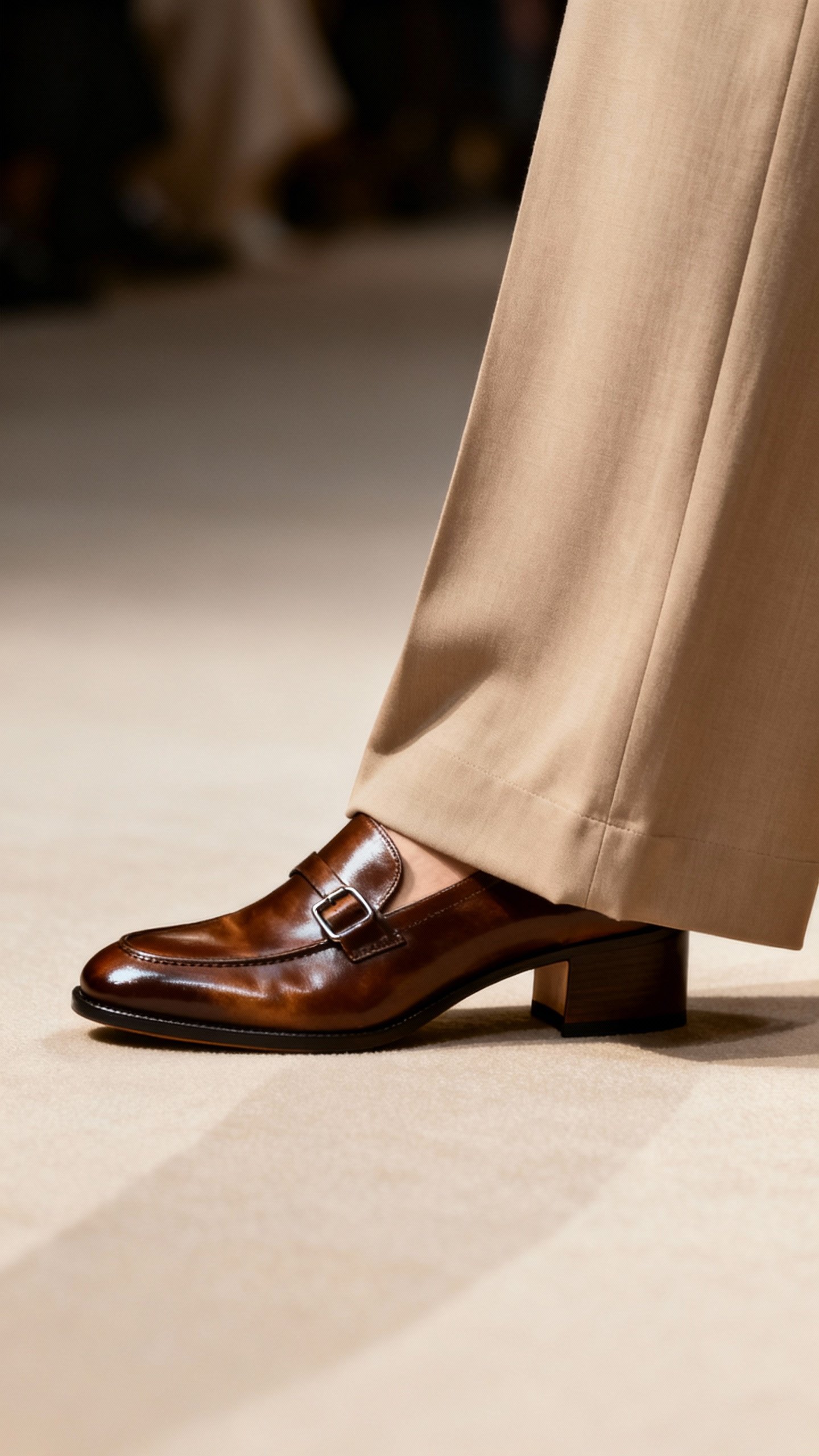 Polished leather heeled loafer with minimal hardware, wide-leg trousers hem