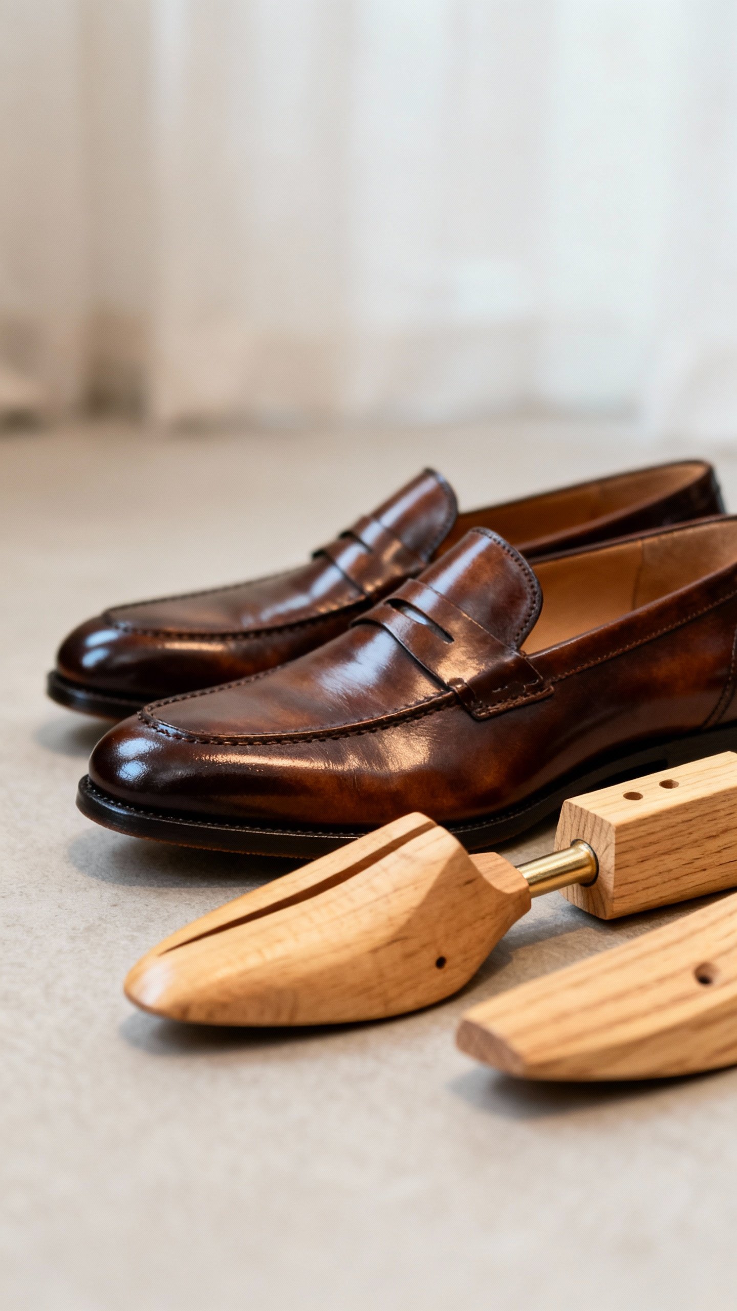 Polished leather loafers beside cedar shoe trees, subtle shine, neutral backdrop