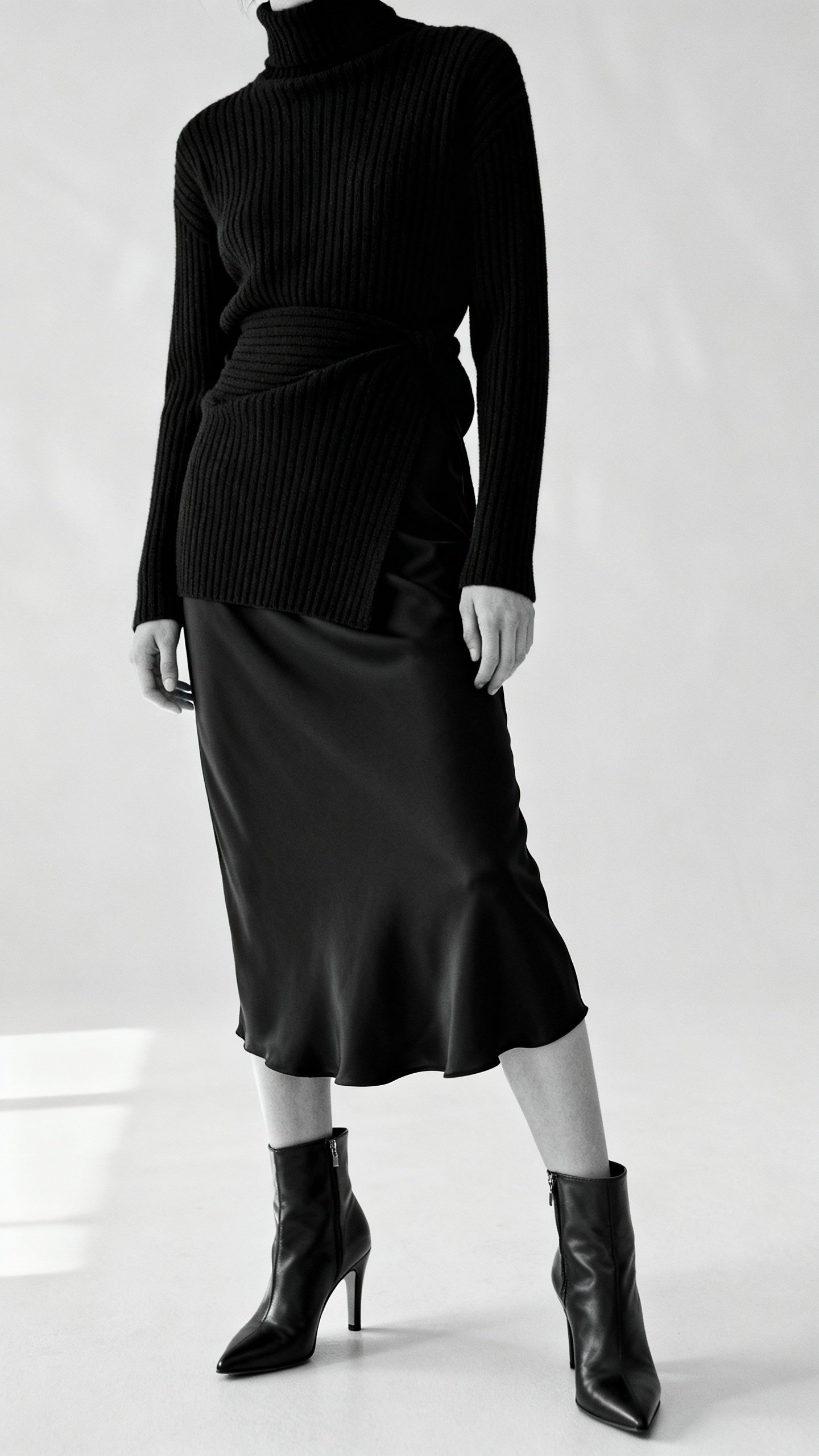 Ribbed black turtleneck tucked into black slip skirt, heeled ankle boots