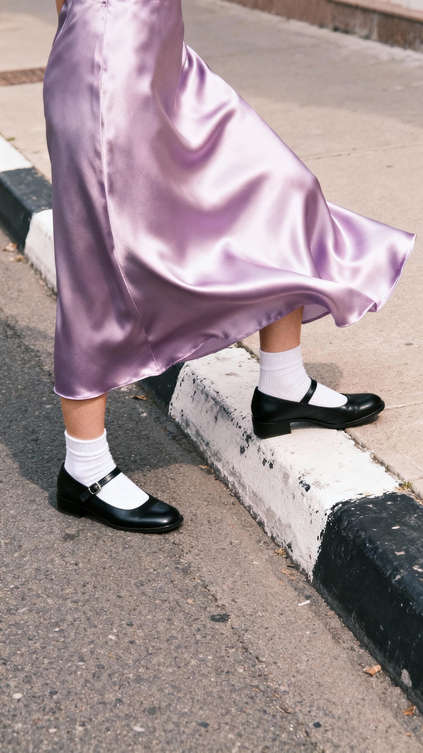 Satin lavender midi skirt swishing, white ankle socks with black Mary Janes, street curb detail