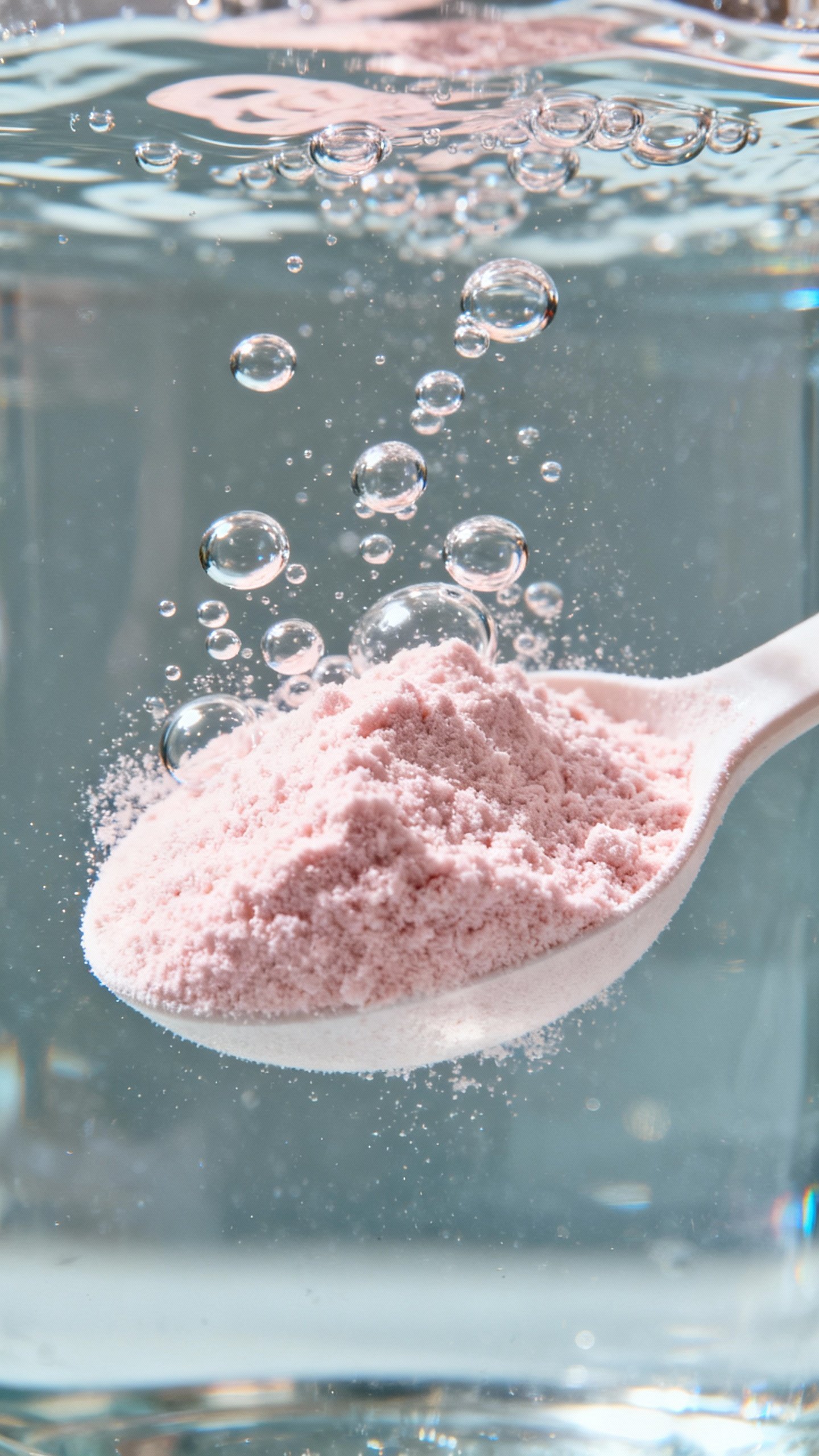 Scoop of marine collagen powder dissolving in clear water, bubbles