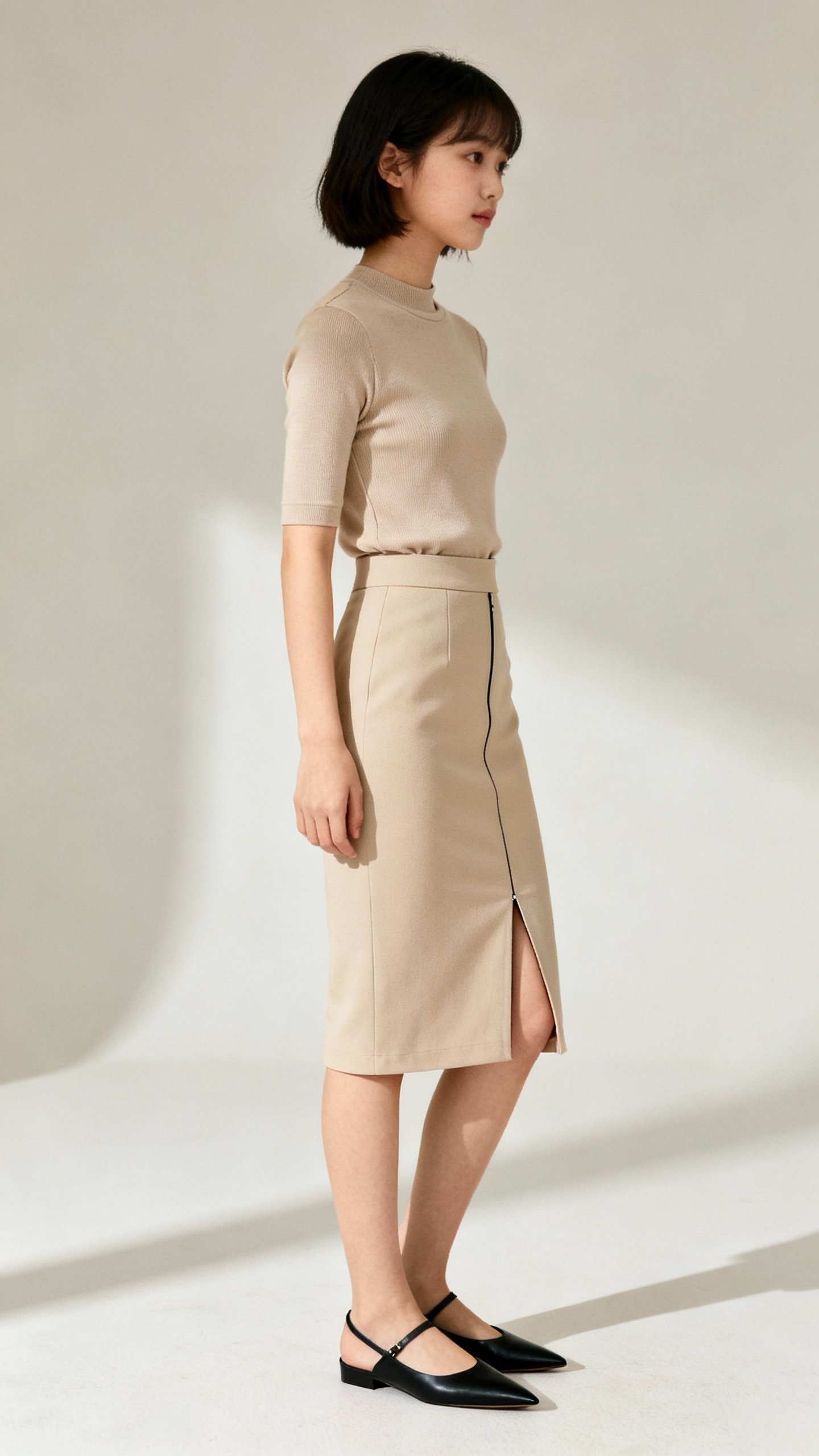 Side view petite woman above-the-knee pencil skirt, vertical slit, tucked fitted top, pointy flats