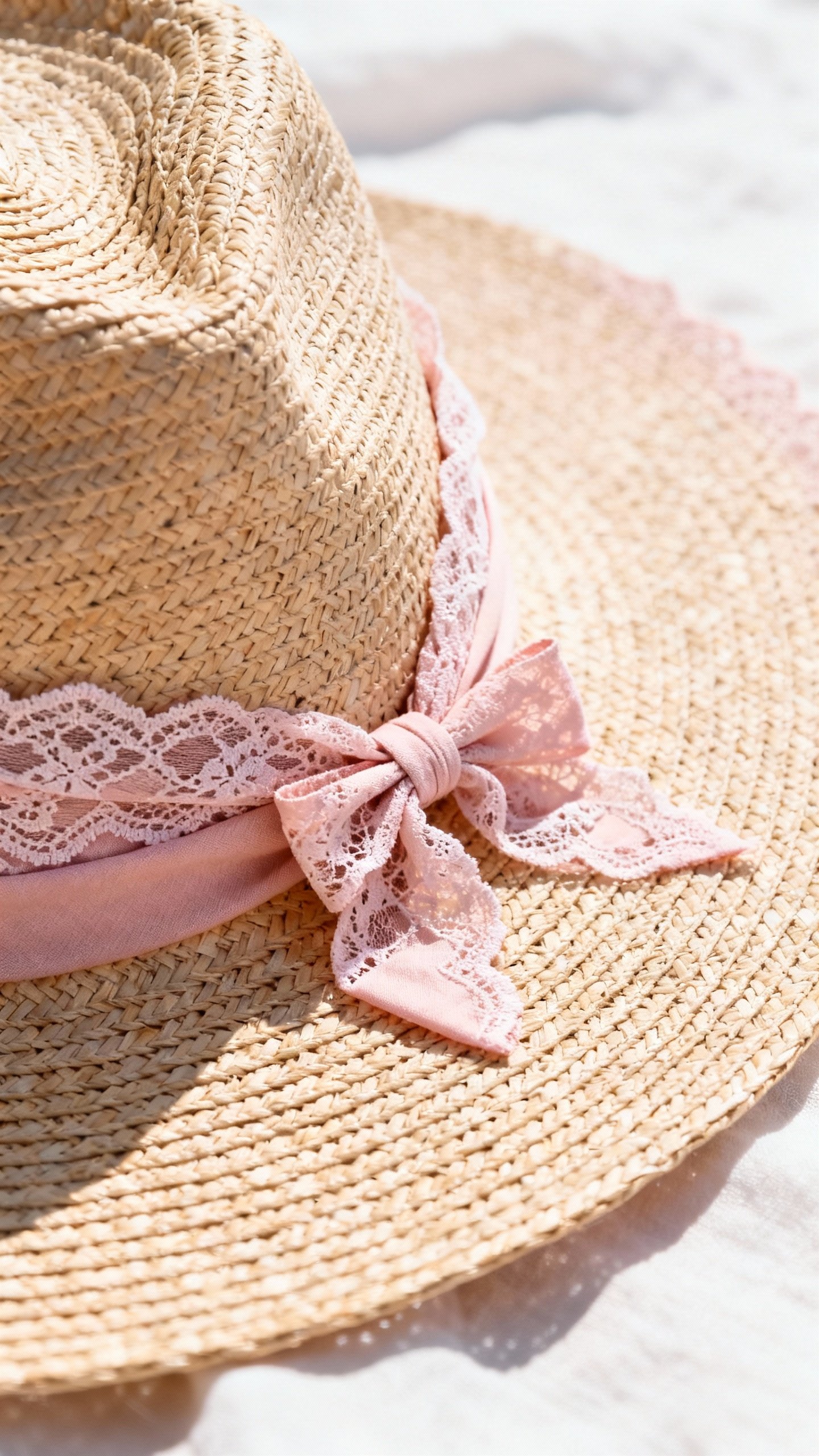 Straw fedora brim wrapped with blush lace bandana, tiny bow