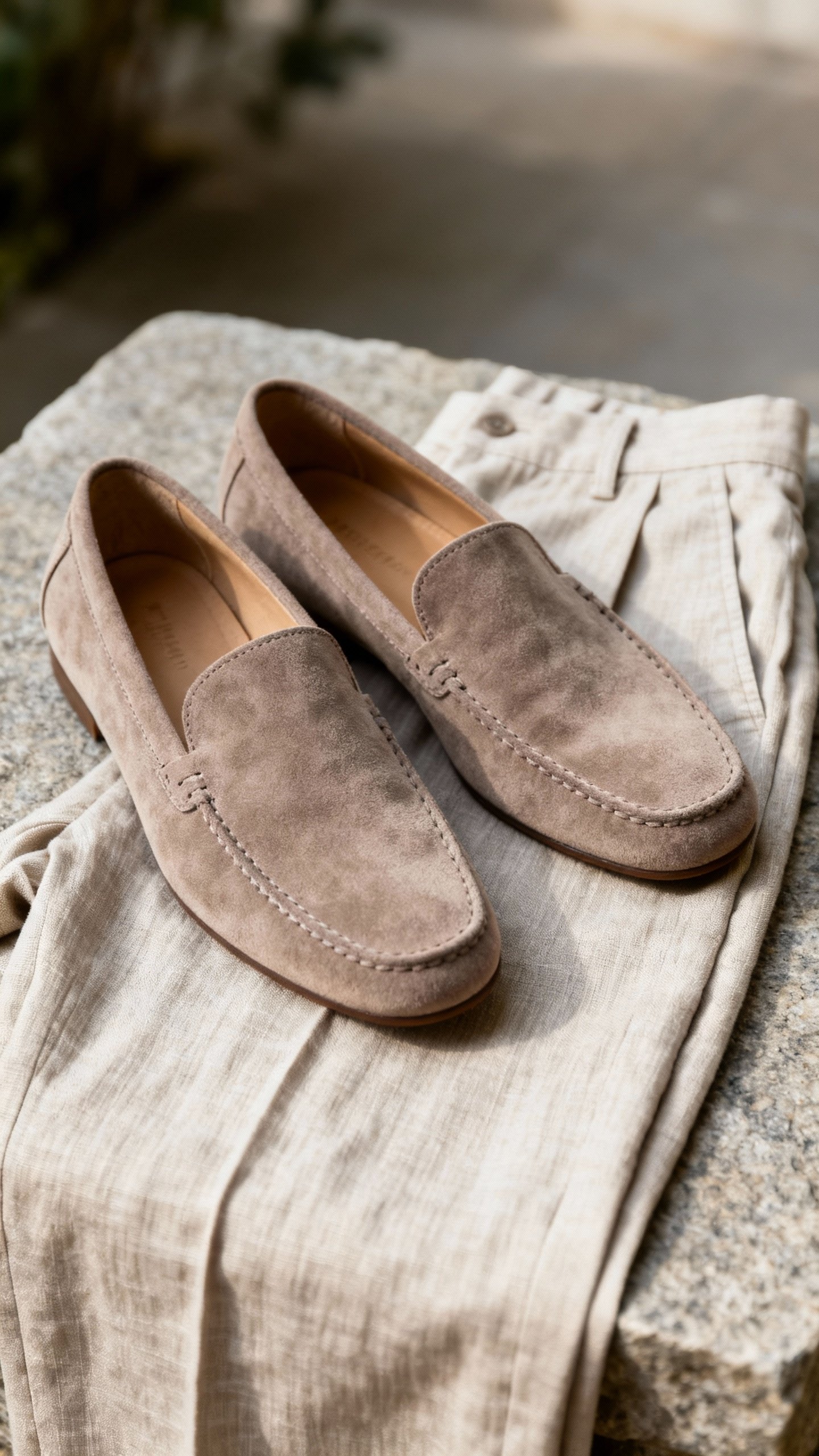 Suede loafers on stone linen trousers, subtle wrinkles