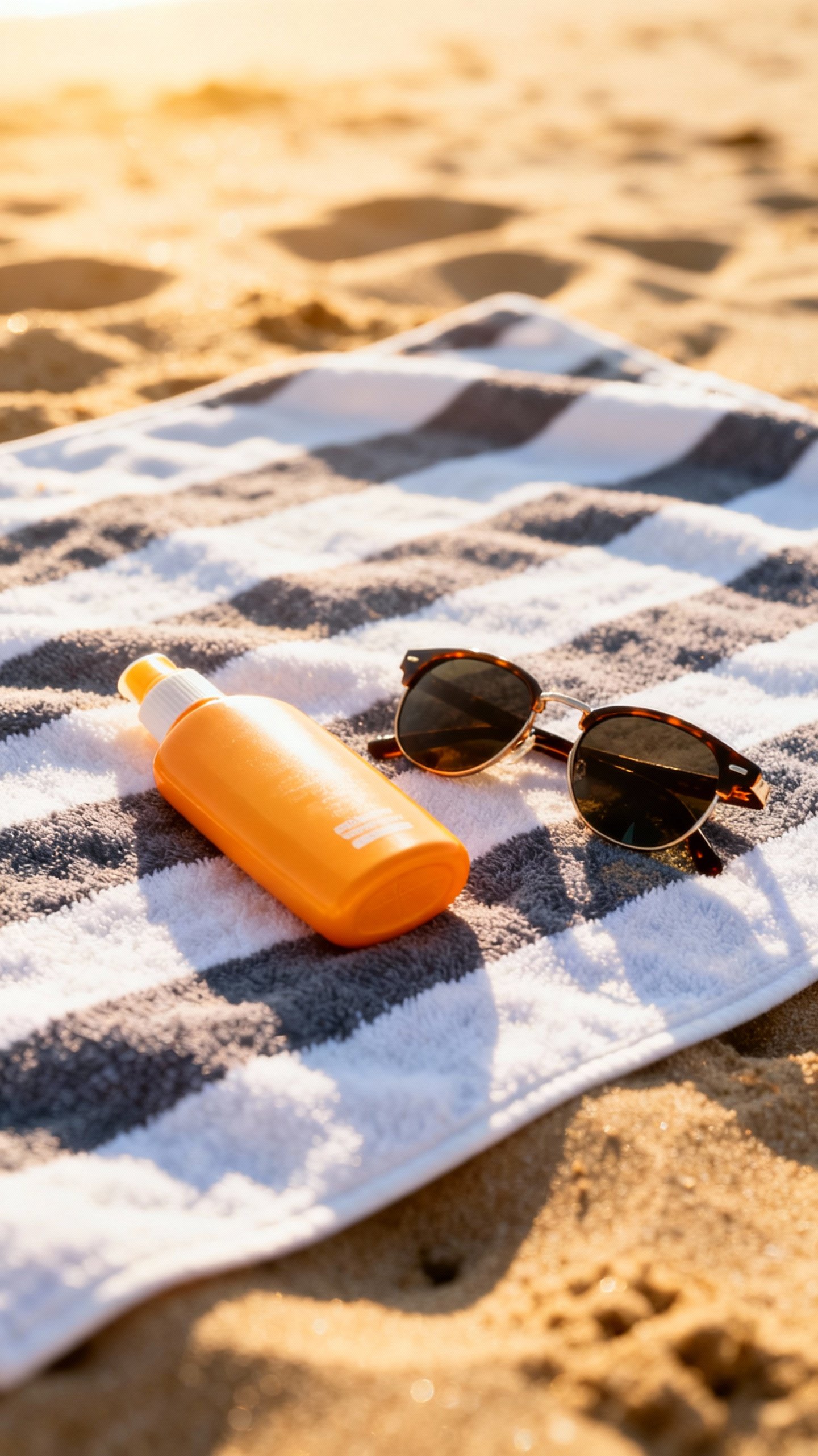 Sunscreen bottle beside sunglasses on beach towel, bright morning sun