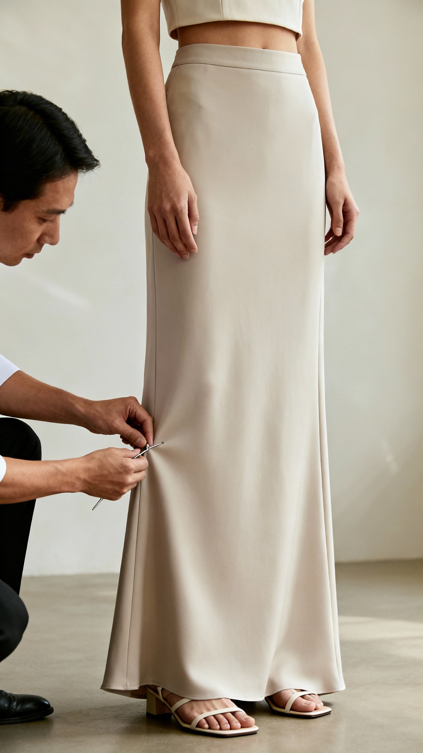 Tailor pinning hem on ankle-skimming maxi, streamlined fabric, cropped top, sleek sandals visible