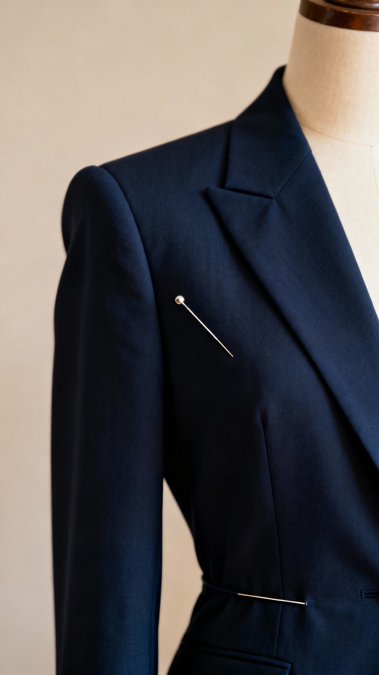 Tailor pinning navy blazer waist on mannequin, structured shoulders, soft lighting