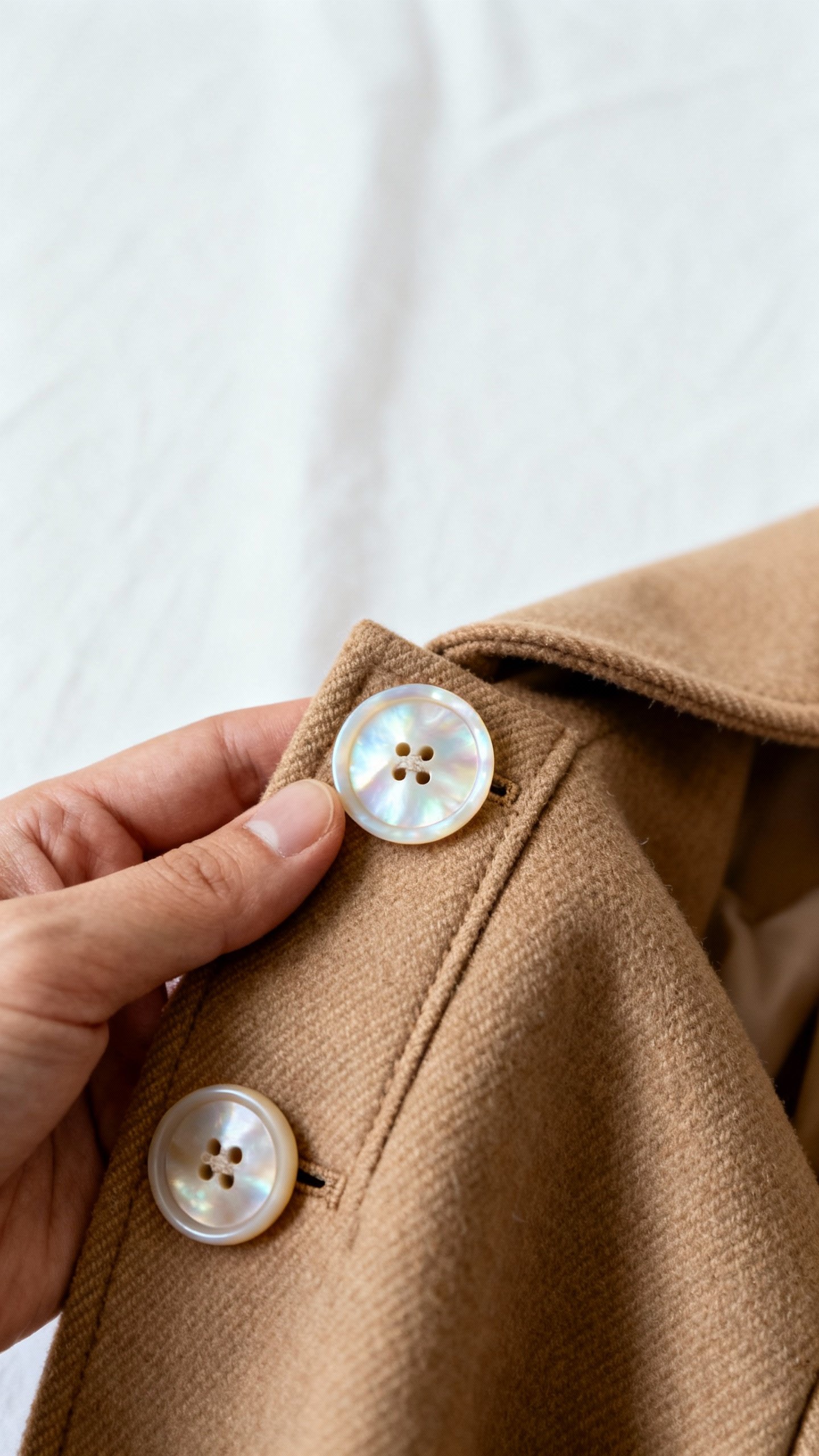 Tailor replacing plastic buttons with mother-of-pearl, camel coat, detail shot