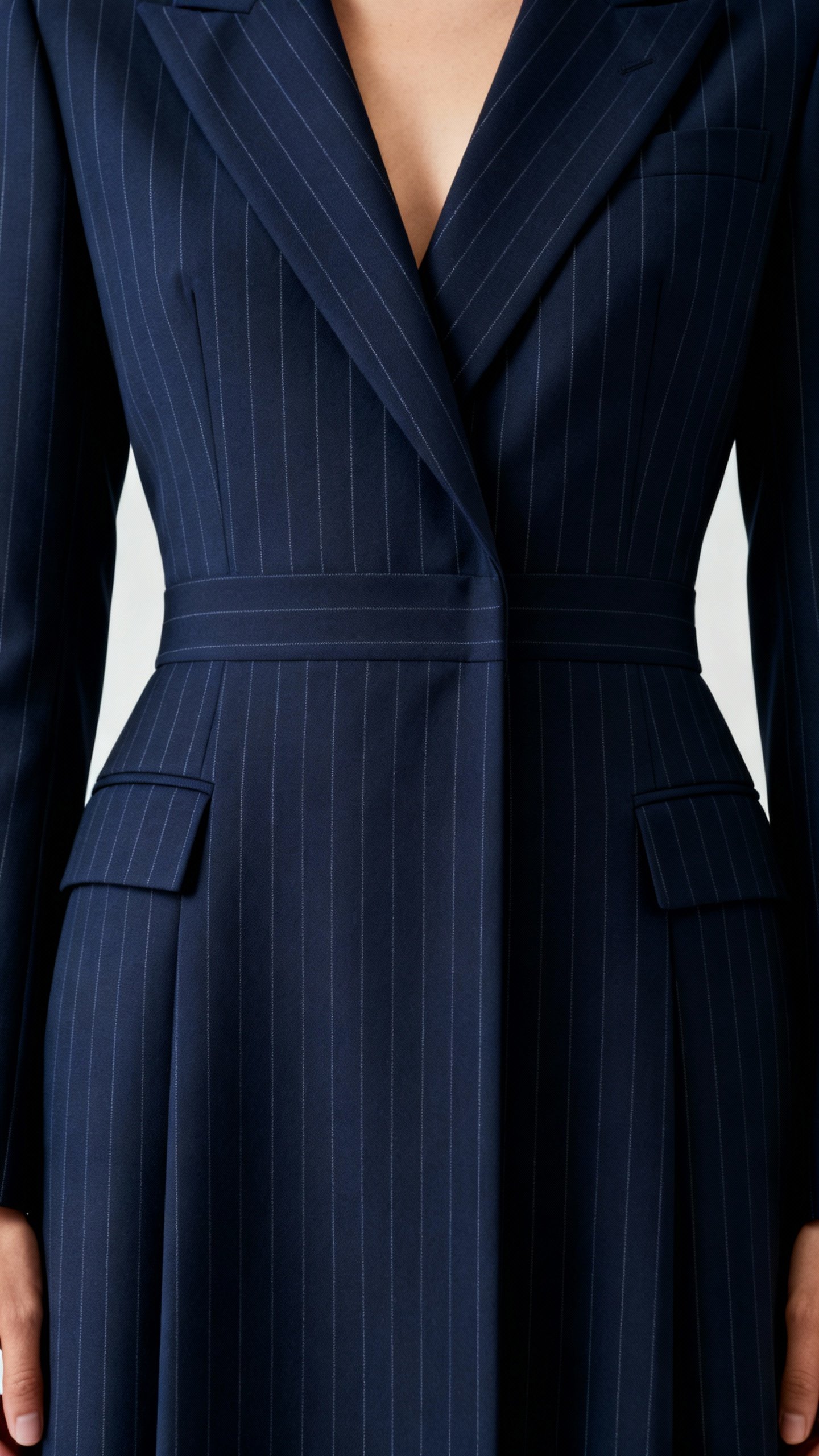 Tonal navy column outfit with longline blazer, vertical pinstripe detail and V-neckline, waist-up cl