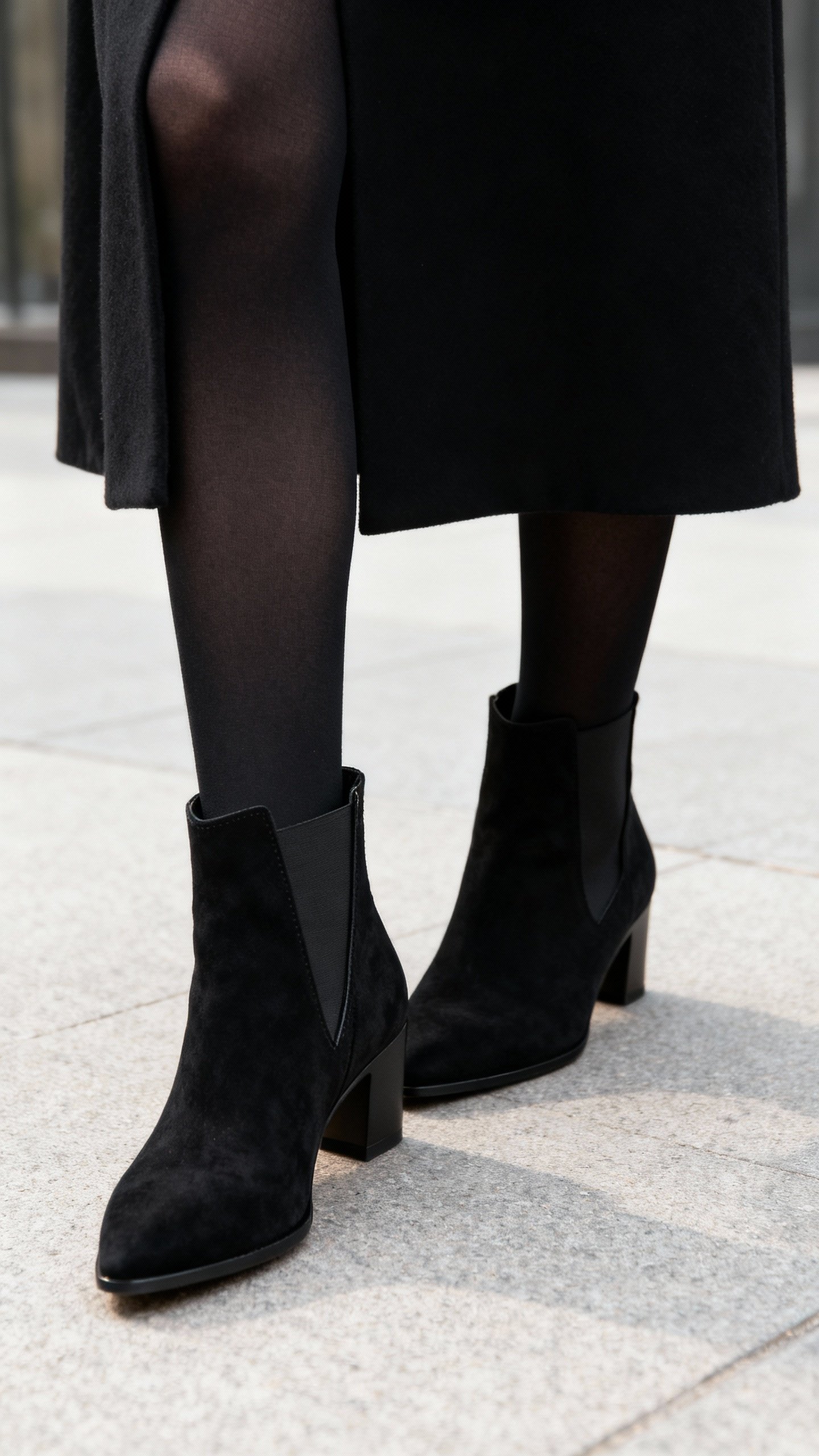 V-cut black ankle boots matching black tights, knee-length hem visible