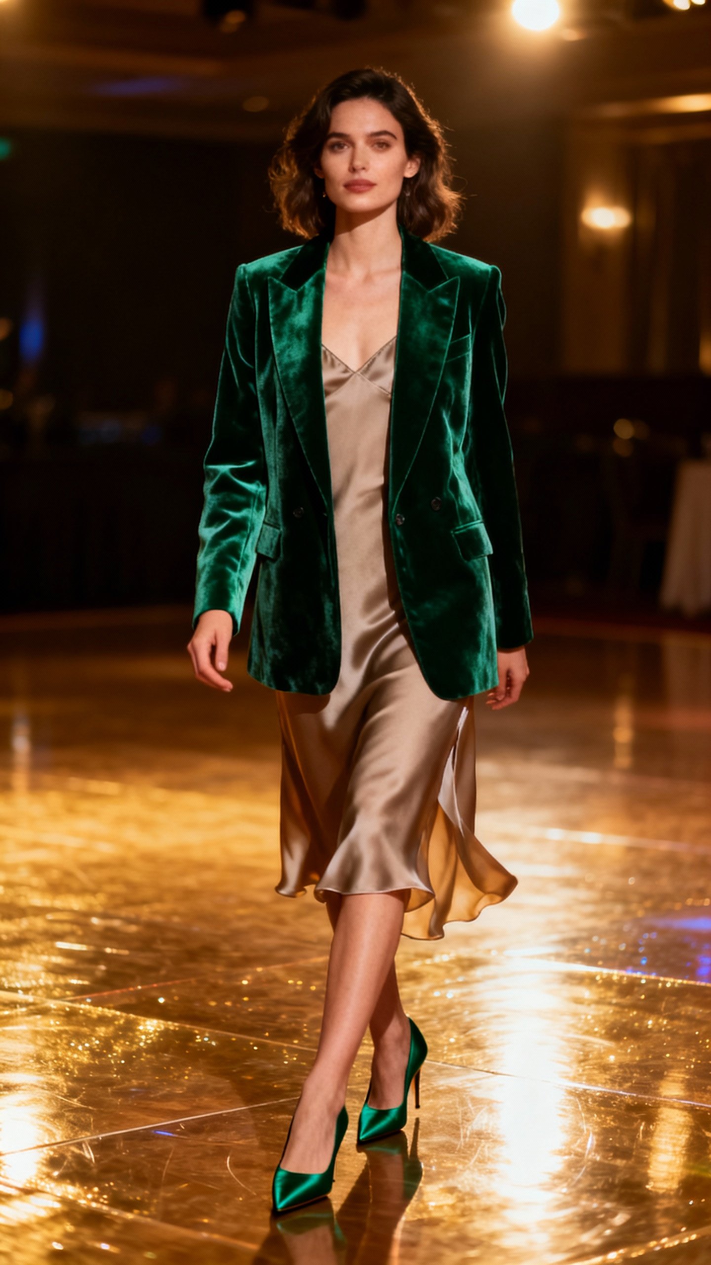 Velvet emerald blazer over silk camisole, pointed pumps, dance floor