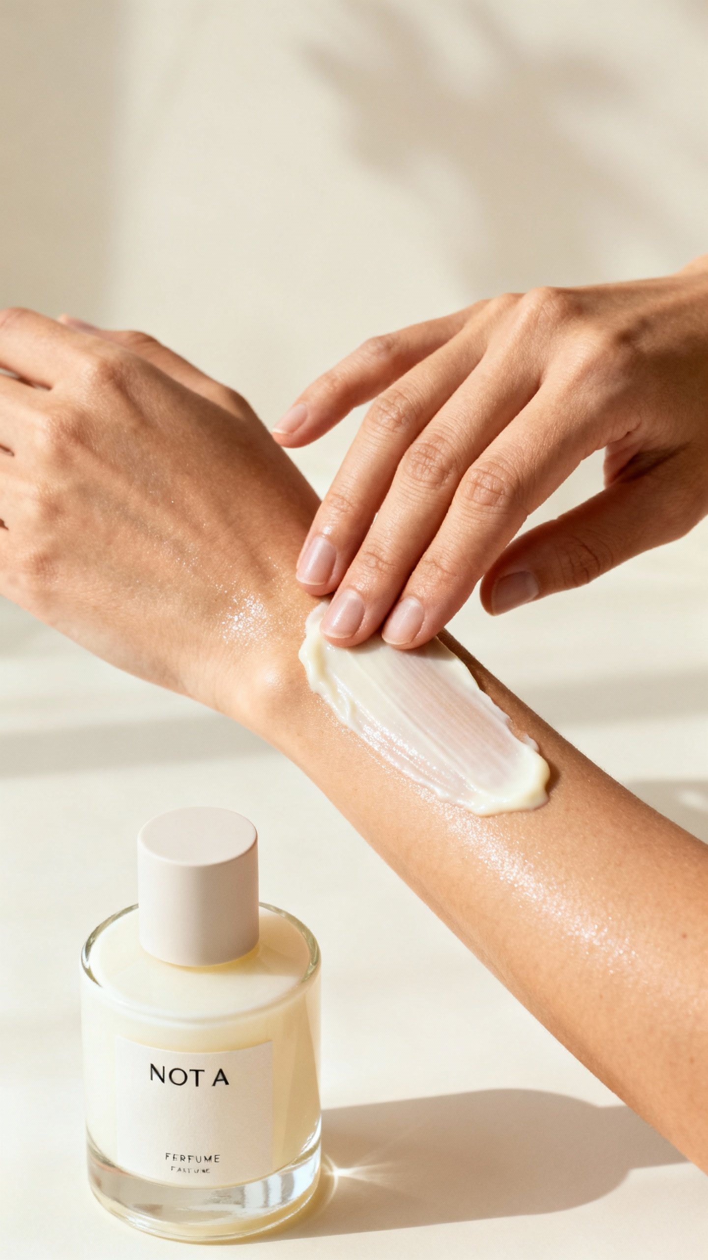 Woman layering vanilla lotion on forearm beside Not a Perfume bottle