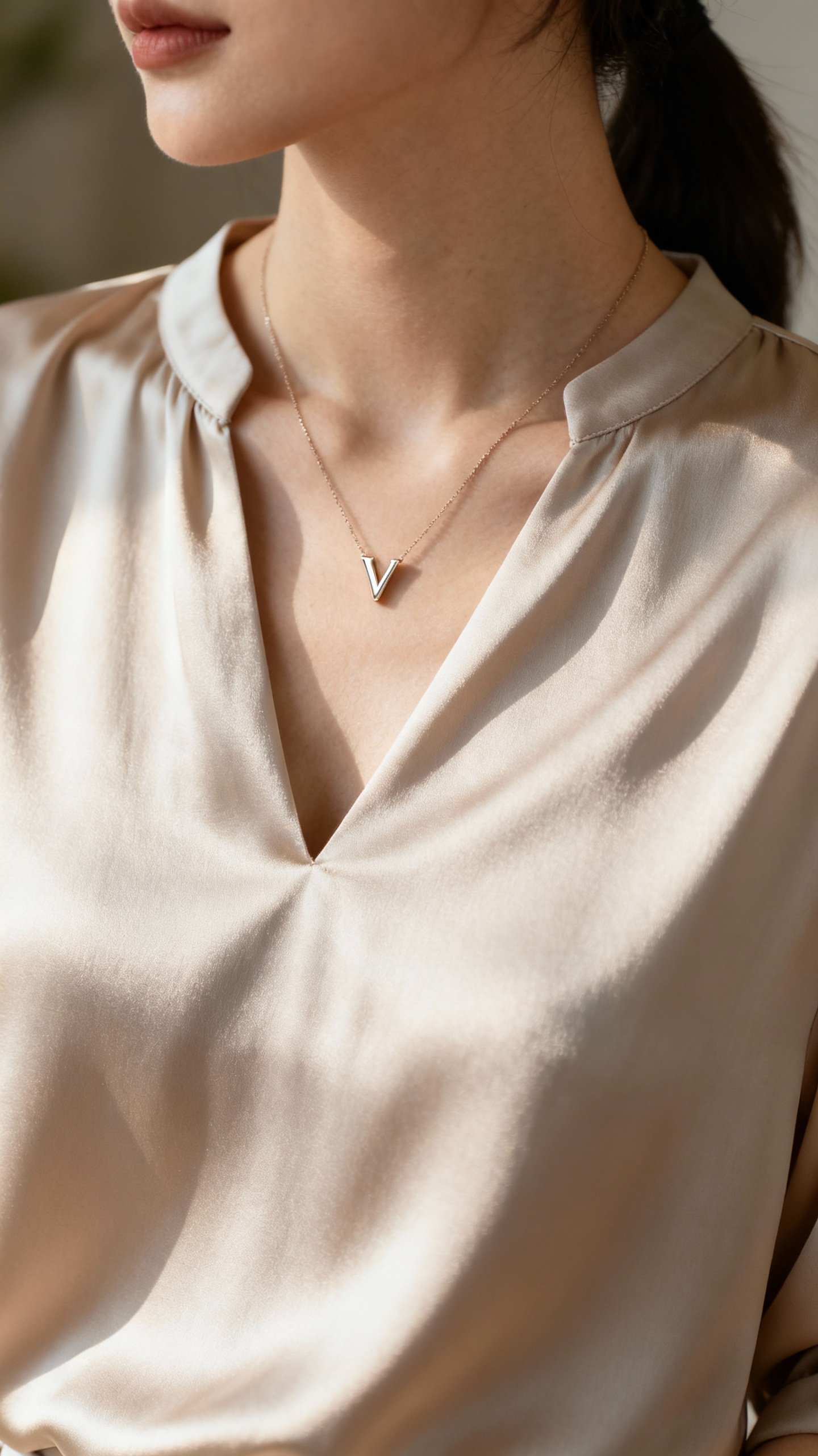 Y-necklace pendant on silk petite-cut blouse
