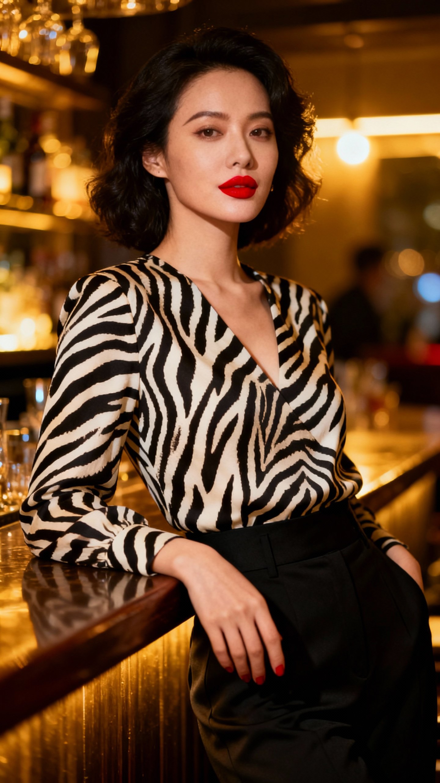 Zebra-print top with sleek black trousers, red lip, evening bar lighting