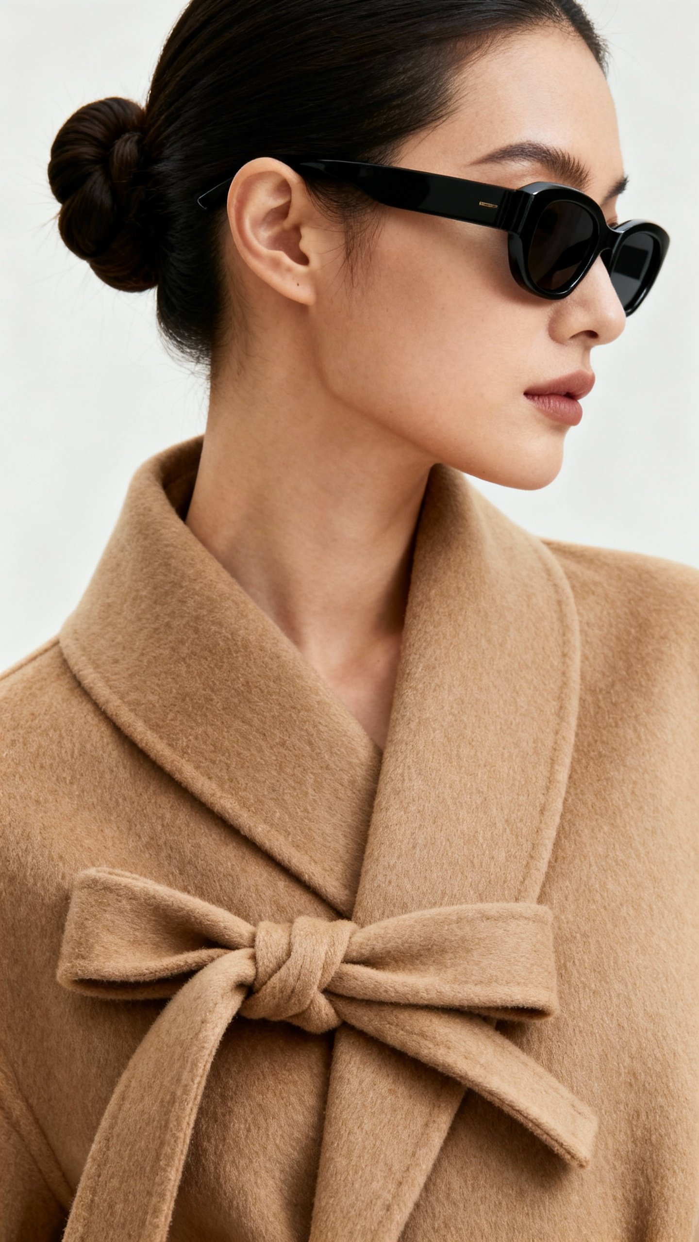 Camel wrap coat belt knot closeup, neat bun, black sunglasses